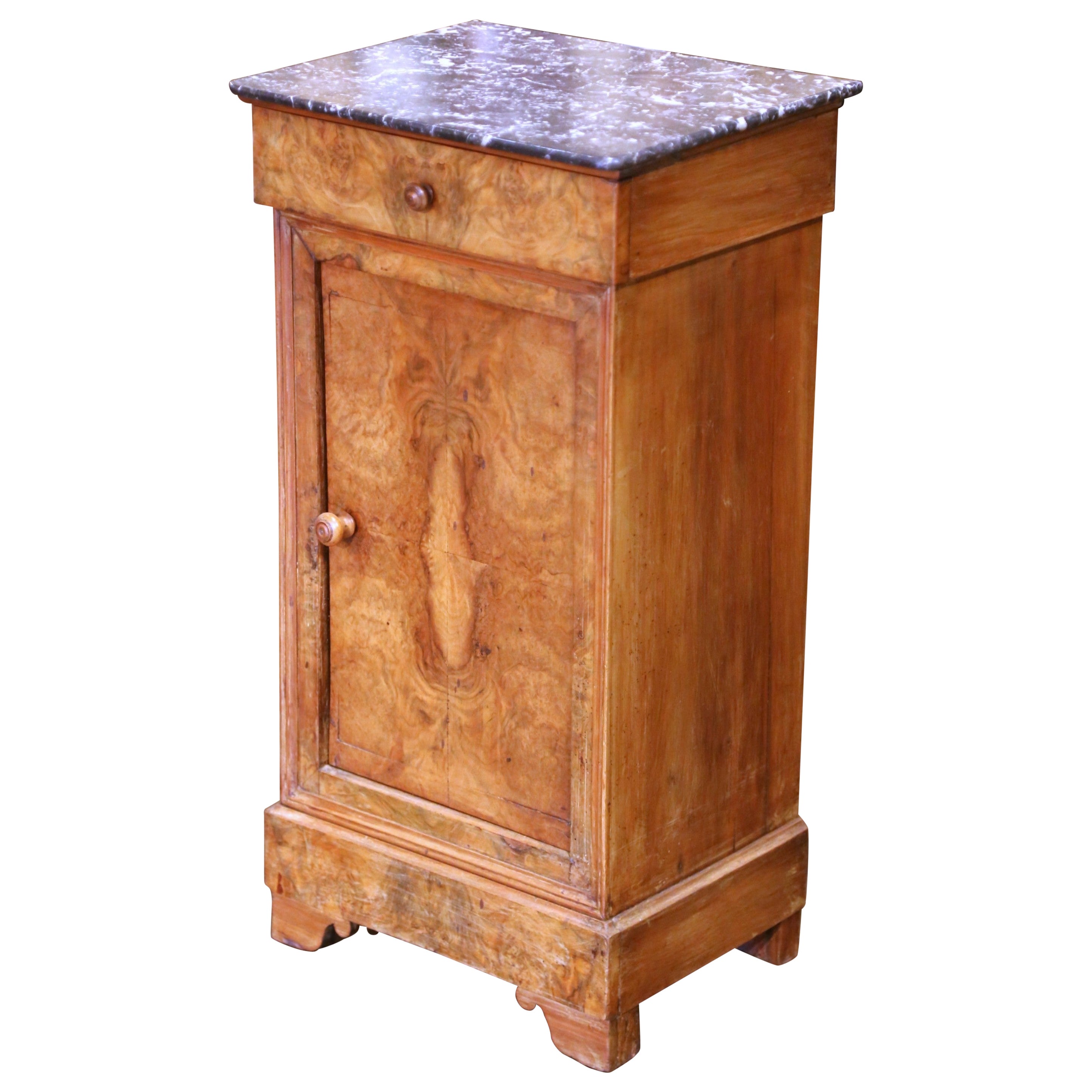 19th Century French Louis Philippe Walnut Nightstand with Black Marble Top For Sale