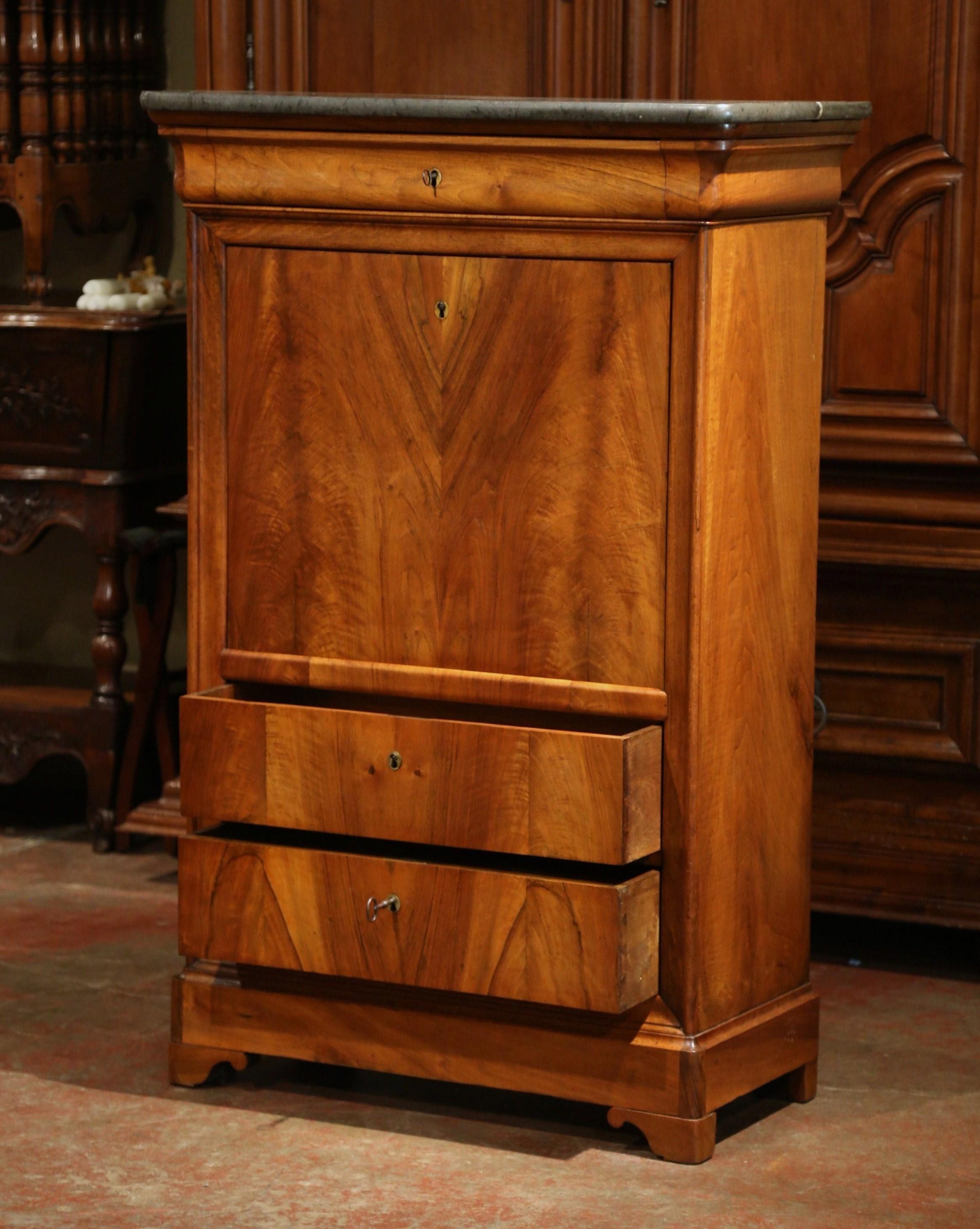 19th Century French Louis Philippe Walnut Secretary with Grey Marble Top 7