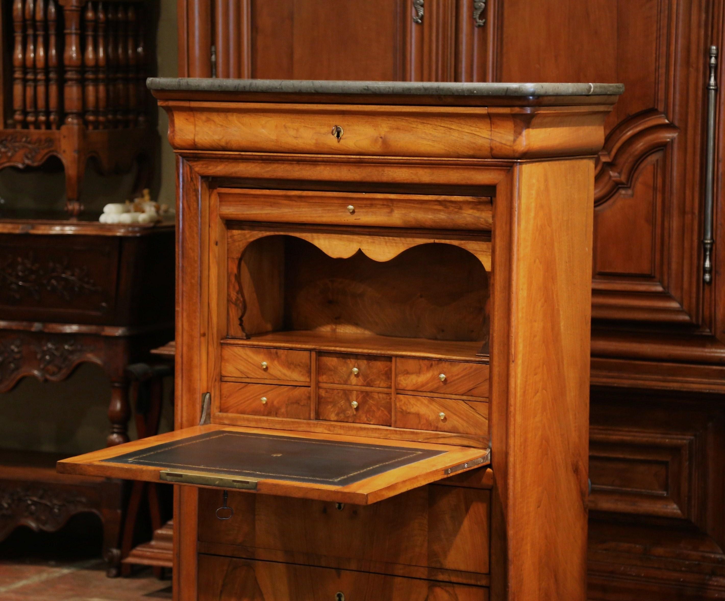 19th Century French Louis Philippe Walnut Secretary with Grey Marble Top In Excellent Condition In Dallas, TX