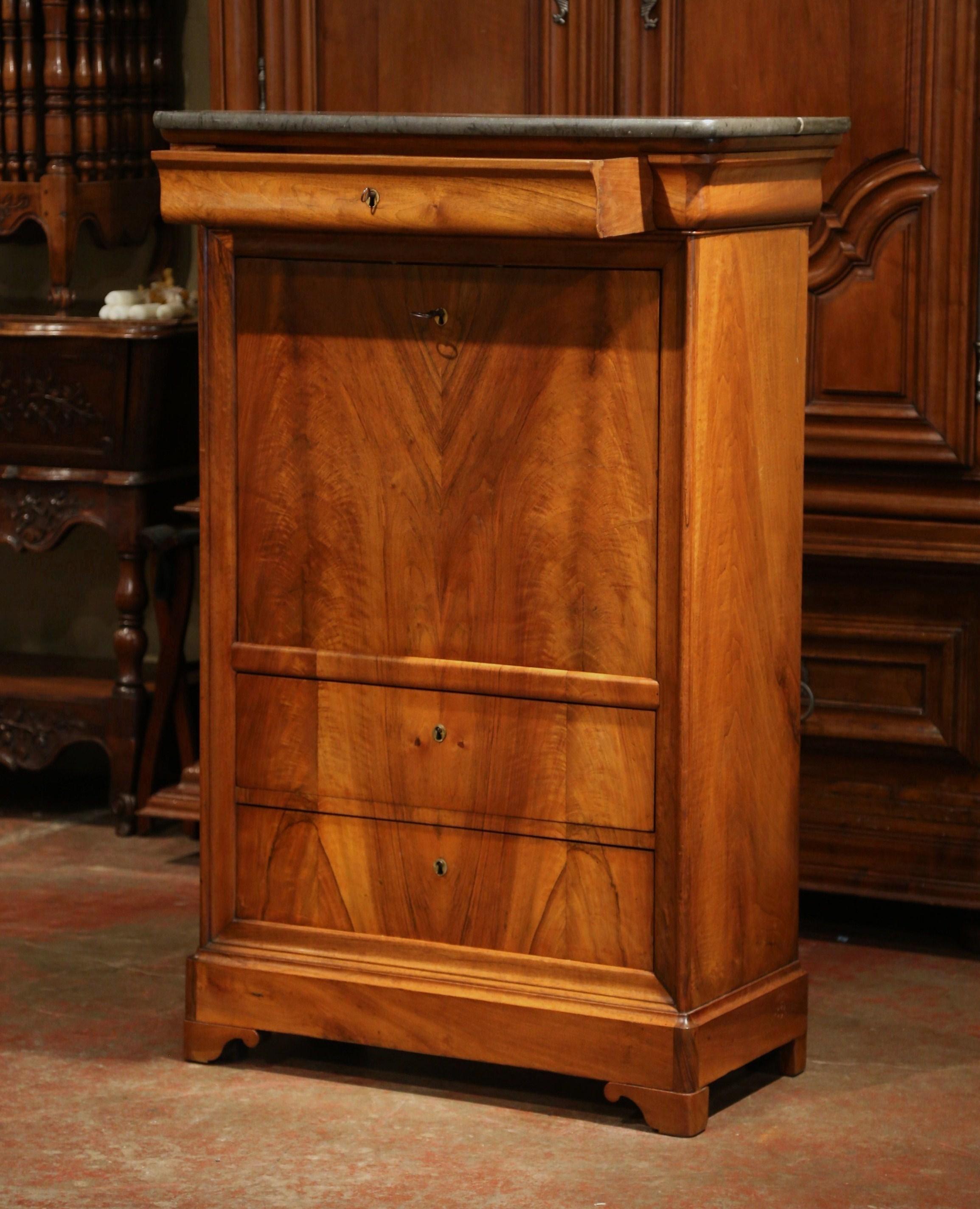 19th Century French Louis Philippe Walnut Secretary with Grey Marble Top 3