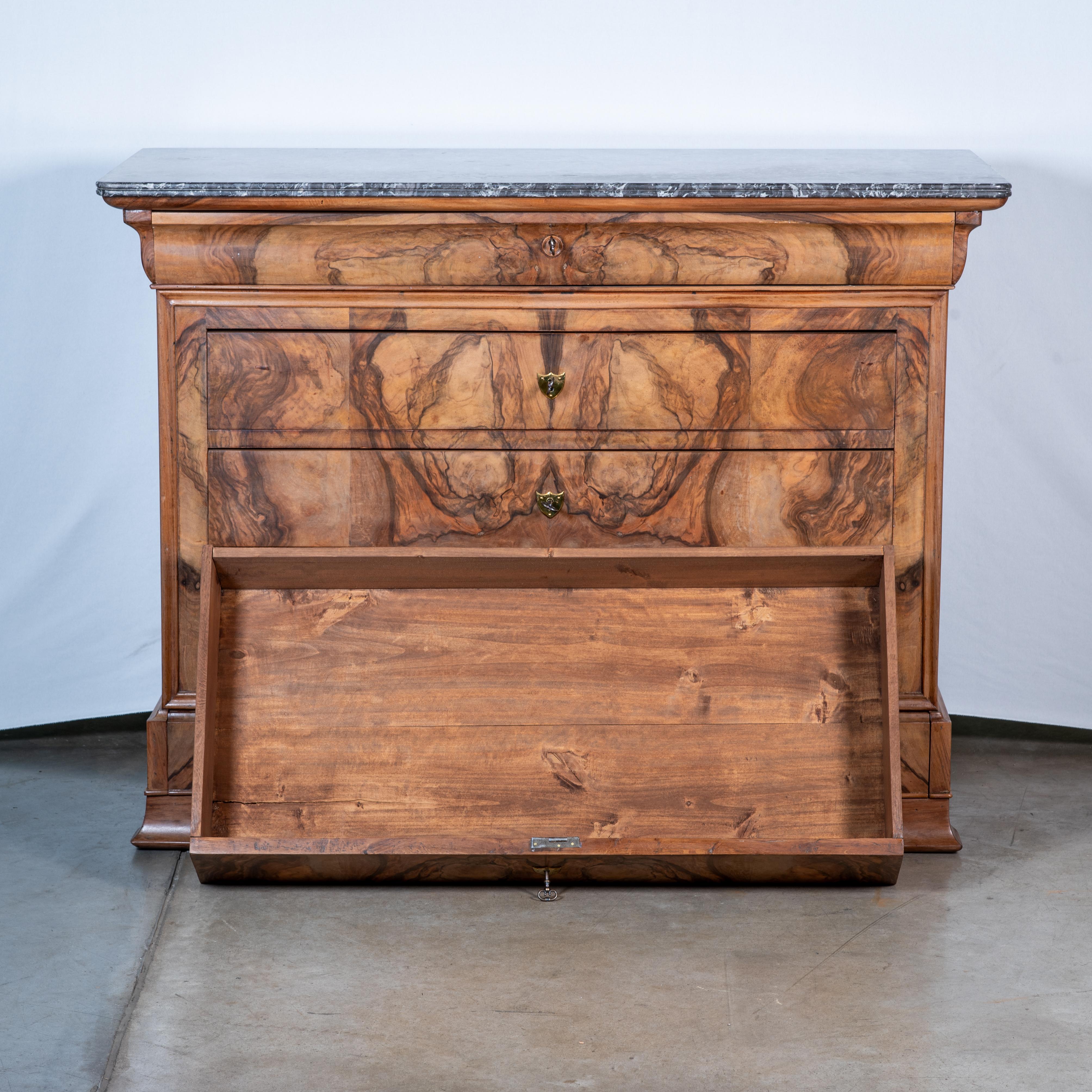 Indulge in the timeless elegance of 19th-century French design with our exquisite Louis Philippe Walnut Veneer Commode. Crafted during the illustrious Louis Philippe era, this magnificent piece exudes sophistication and refinement.

Featuring a rich