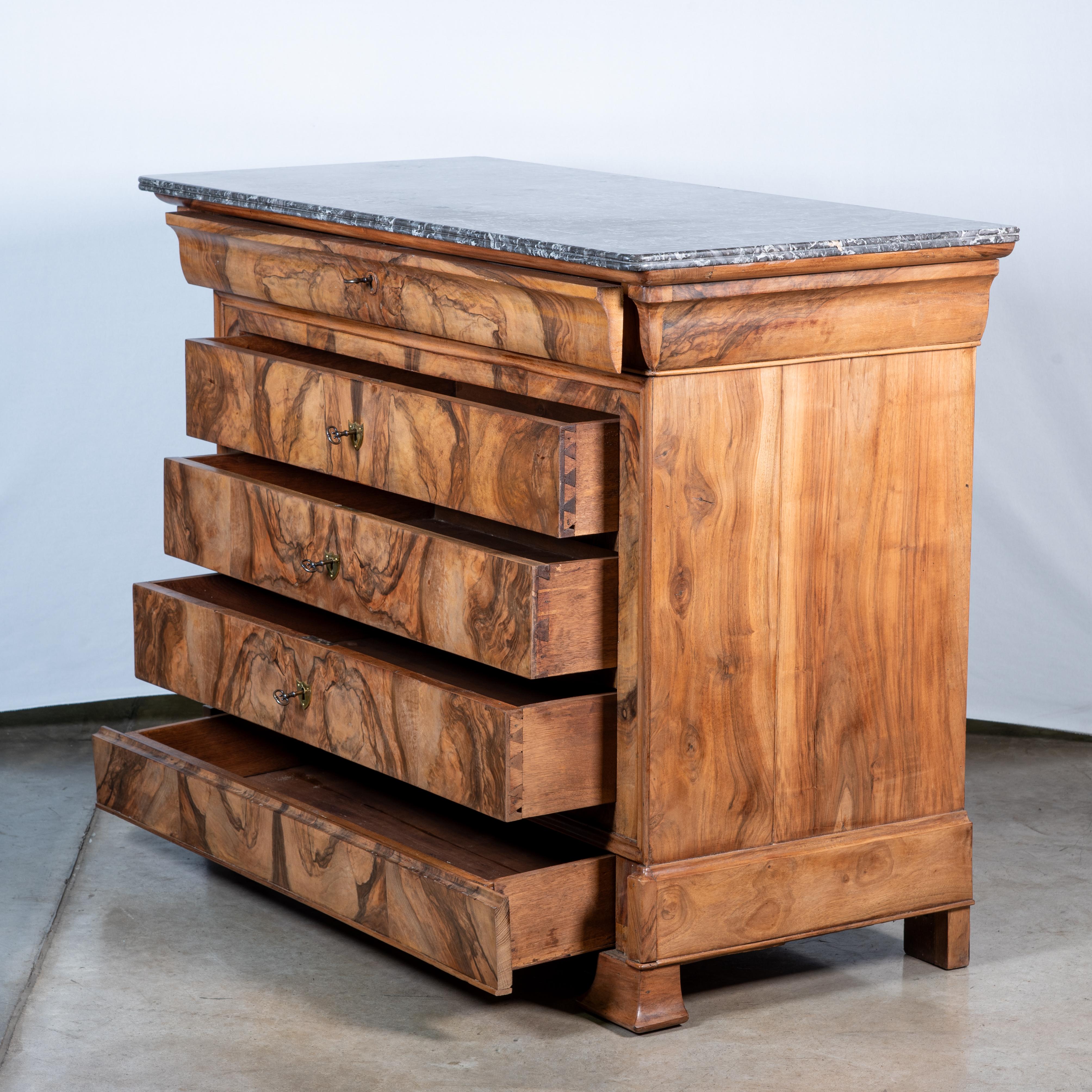 Marble 19th Century French Louis Philippe Walnut Veneer Commode For Sale