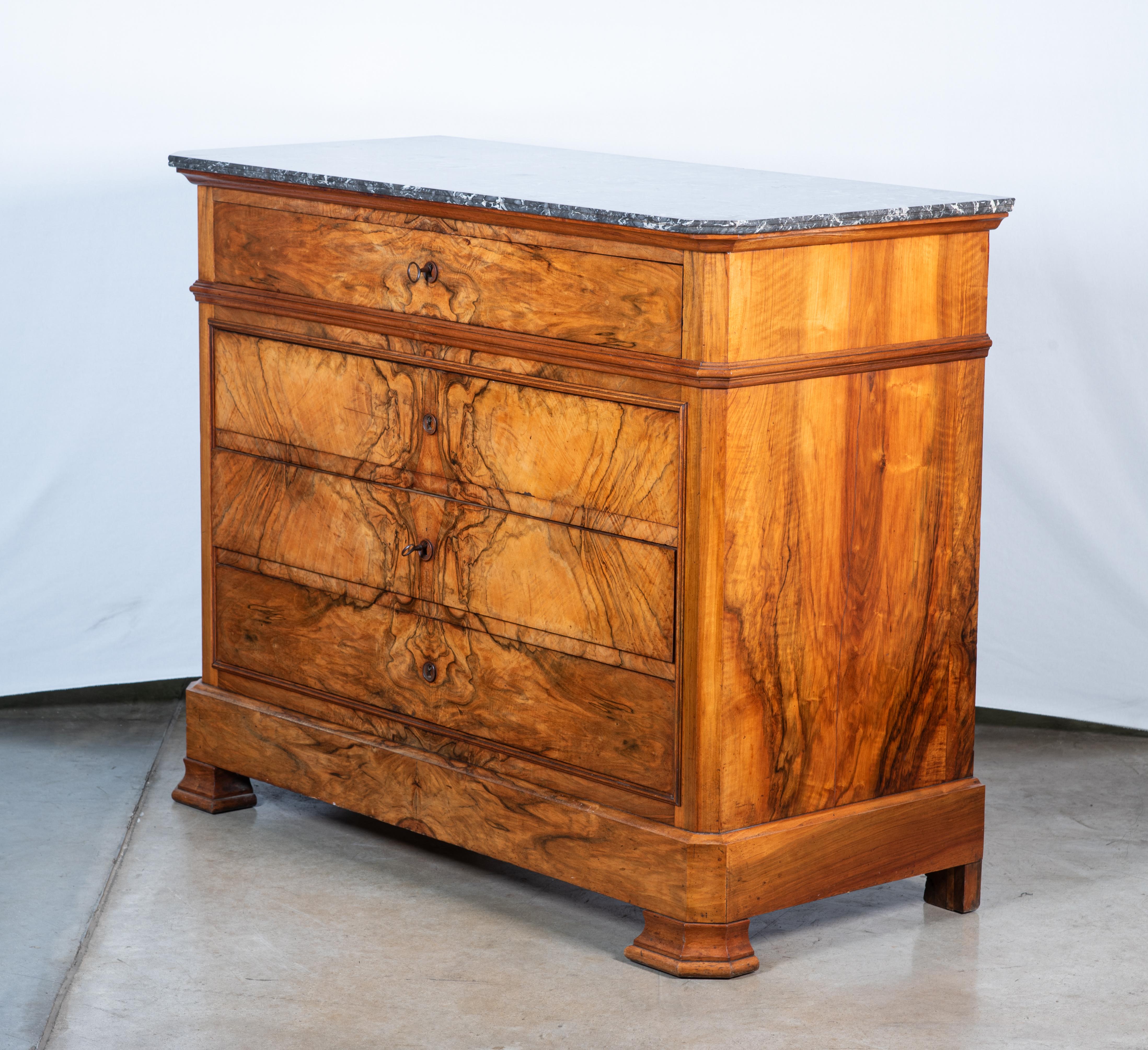 Marble 19th Century French Louis Philippe Walnut Veneer Commode For Sale