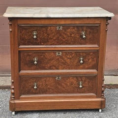 19th Century French Louis Phillipe Burl Walnut Marble Top Rolling Commode