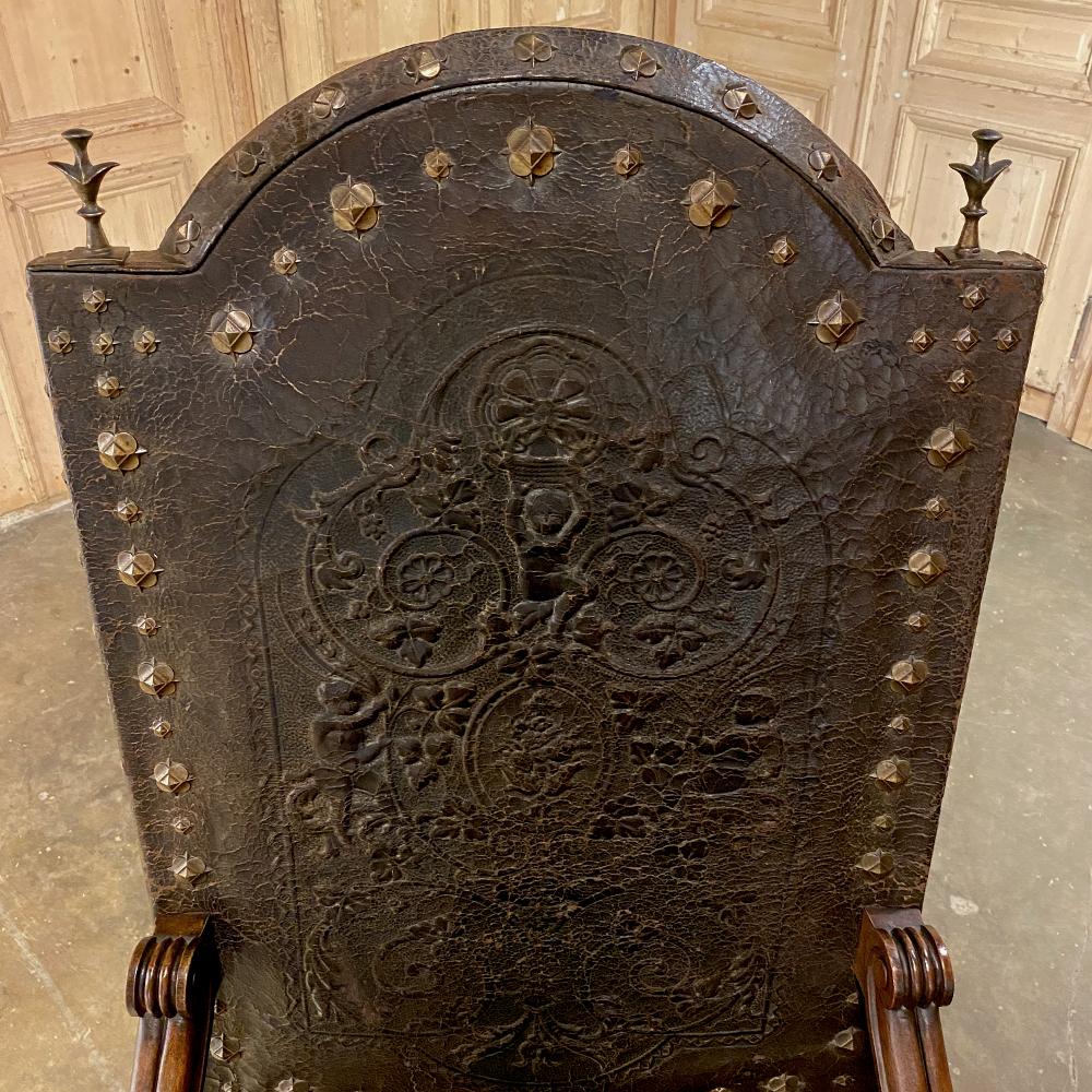 19th Century French Louis XIII Armchair with Embossed Leather 8