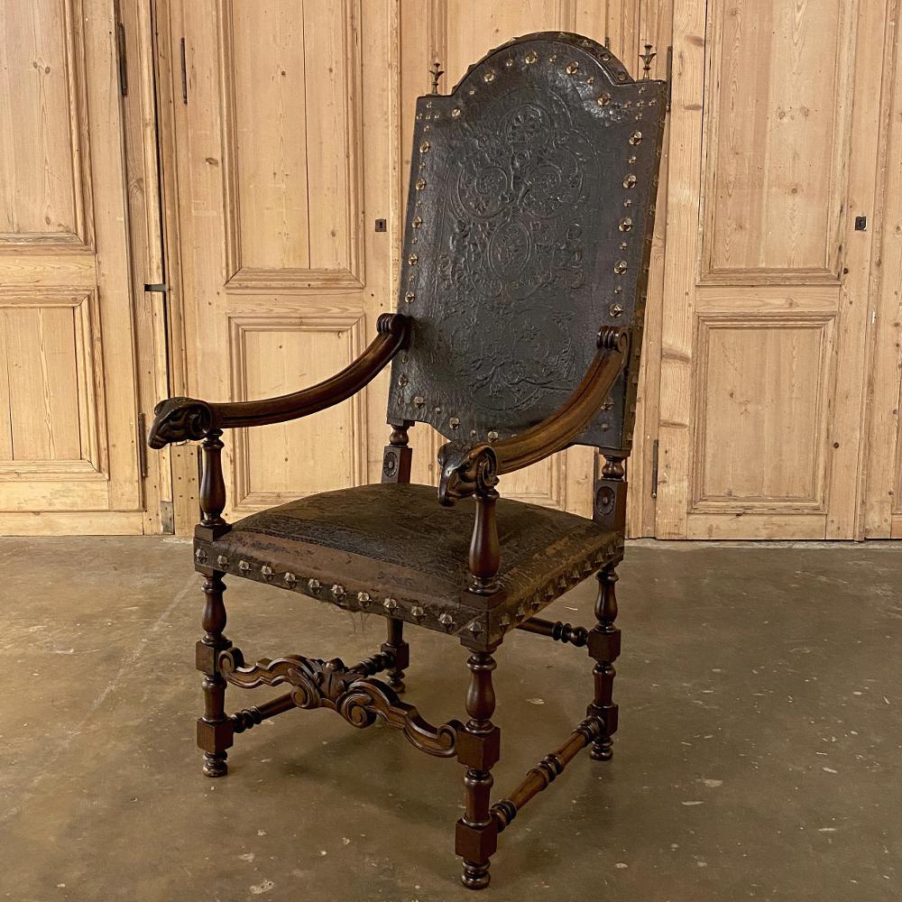19th Century French Louis XIII Armchair with Embossed Leather In Good Condition In Dallas, TX