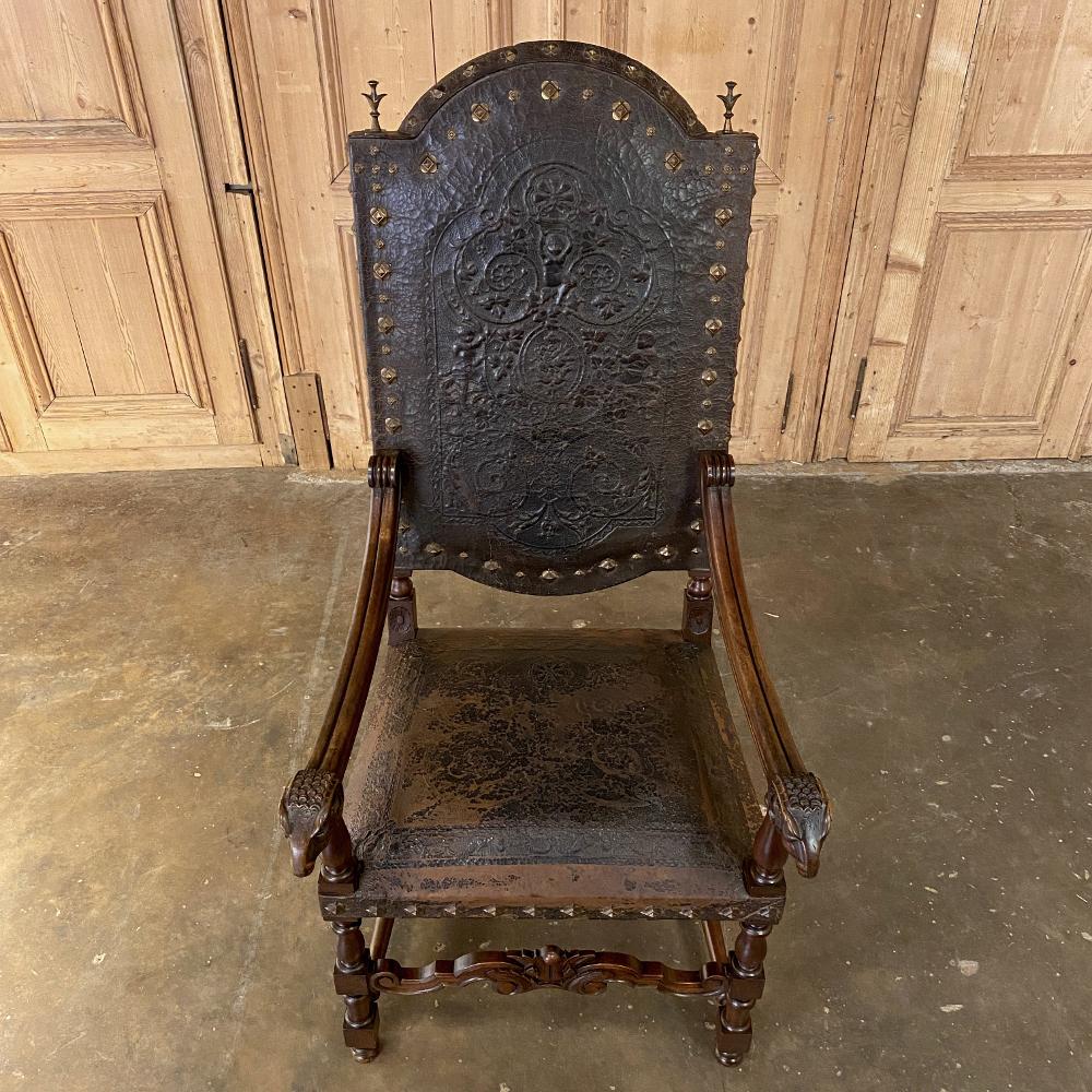 19th Century French Louis XIII Armchair with Embossed Leather 1