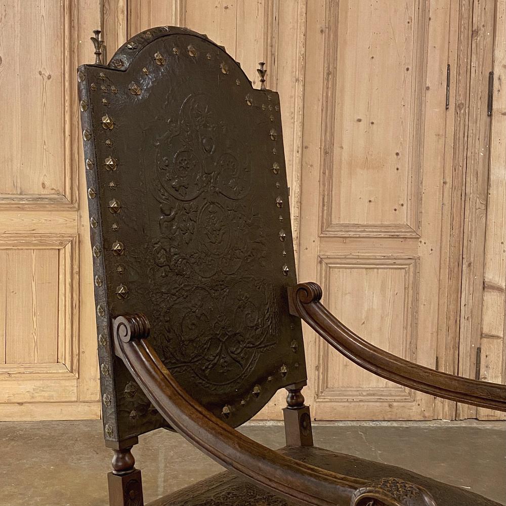 19th Century French Louis XIII Armchair with Embossed Leather 2