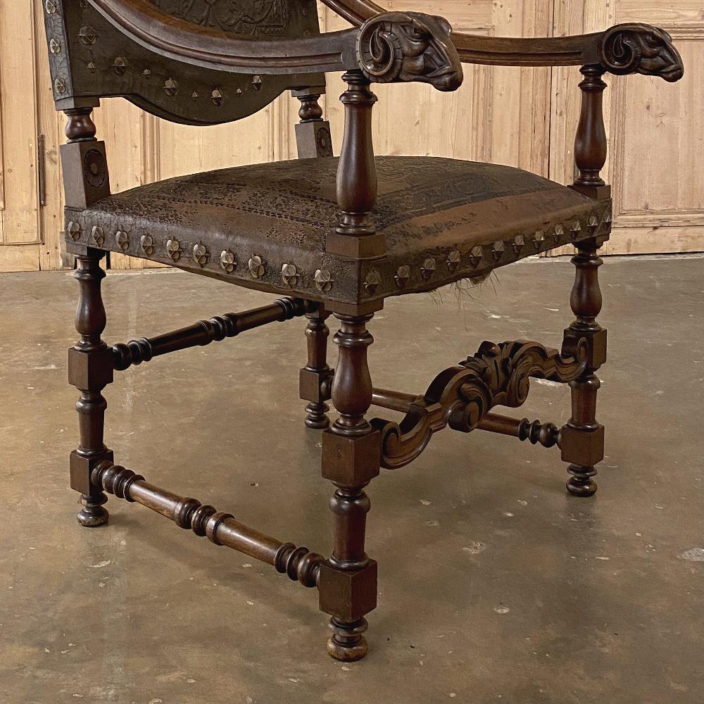 19th Century French Louis XIII Armchair with Embossed Leather 3