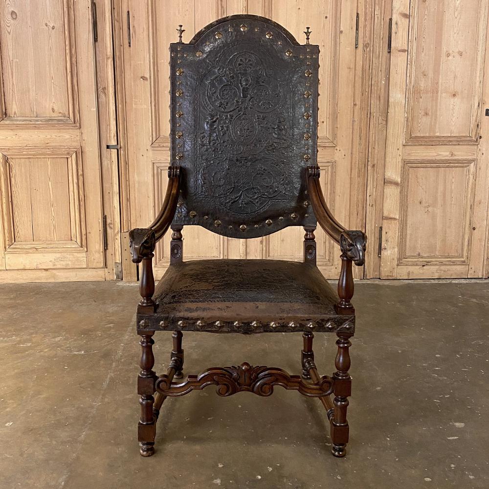 19th Century French Louis XIII Armchair with Embossed Leather 4