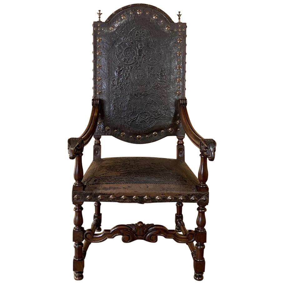 19th Century French Louis XIII Armchair with Embossed Leather