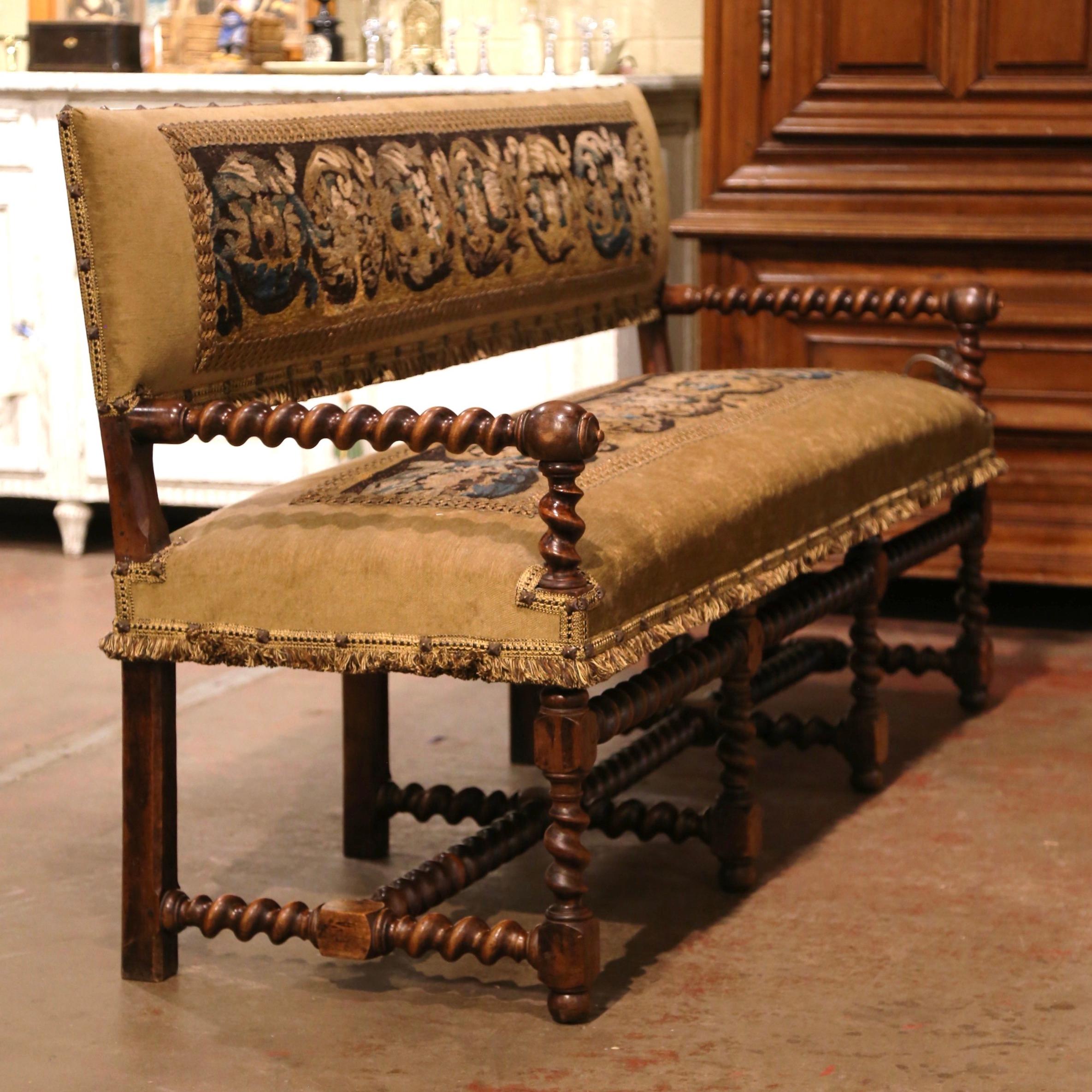 19th Century French Louis XIII Barley Twist Walnut Bench with Aubusson Tapestry 5