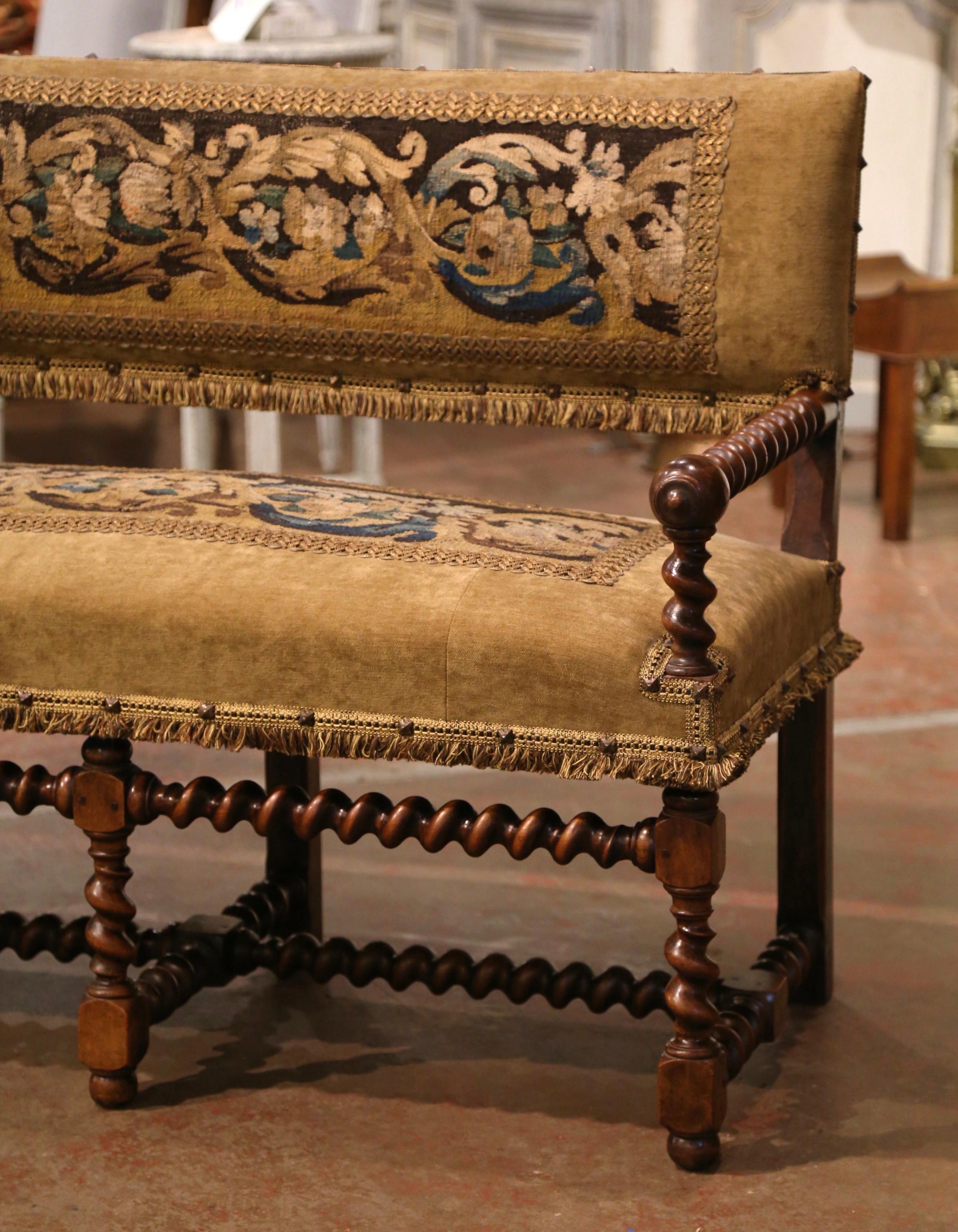 Hand-Woven 19th Century French Louis XIII Barley Twist Walnut Bench with Aubusson Tapestry