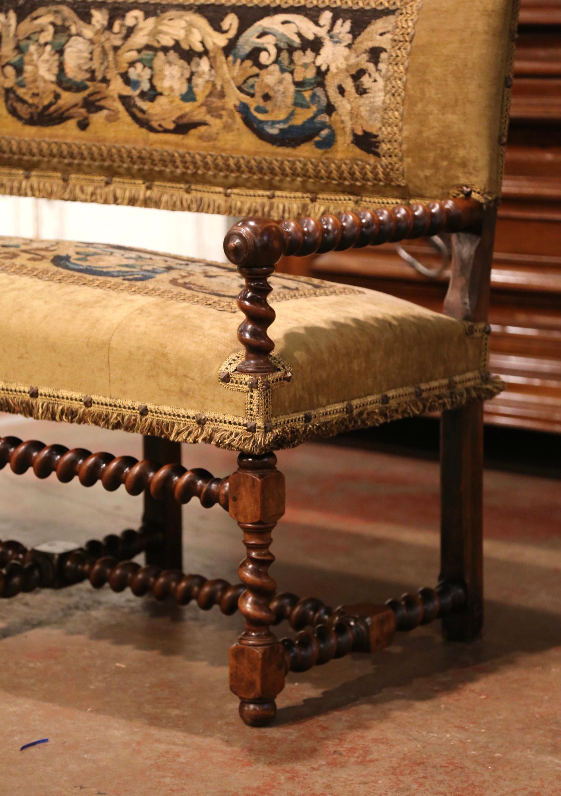 19th Century French Louis XIII Barley Twist Walnut Bench with Aubusson Tapestry 4