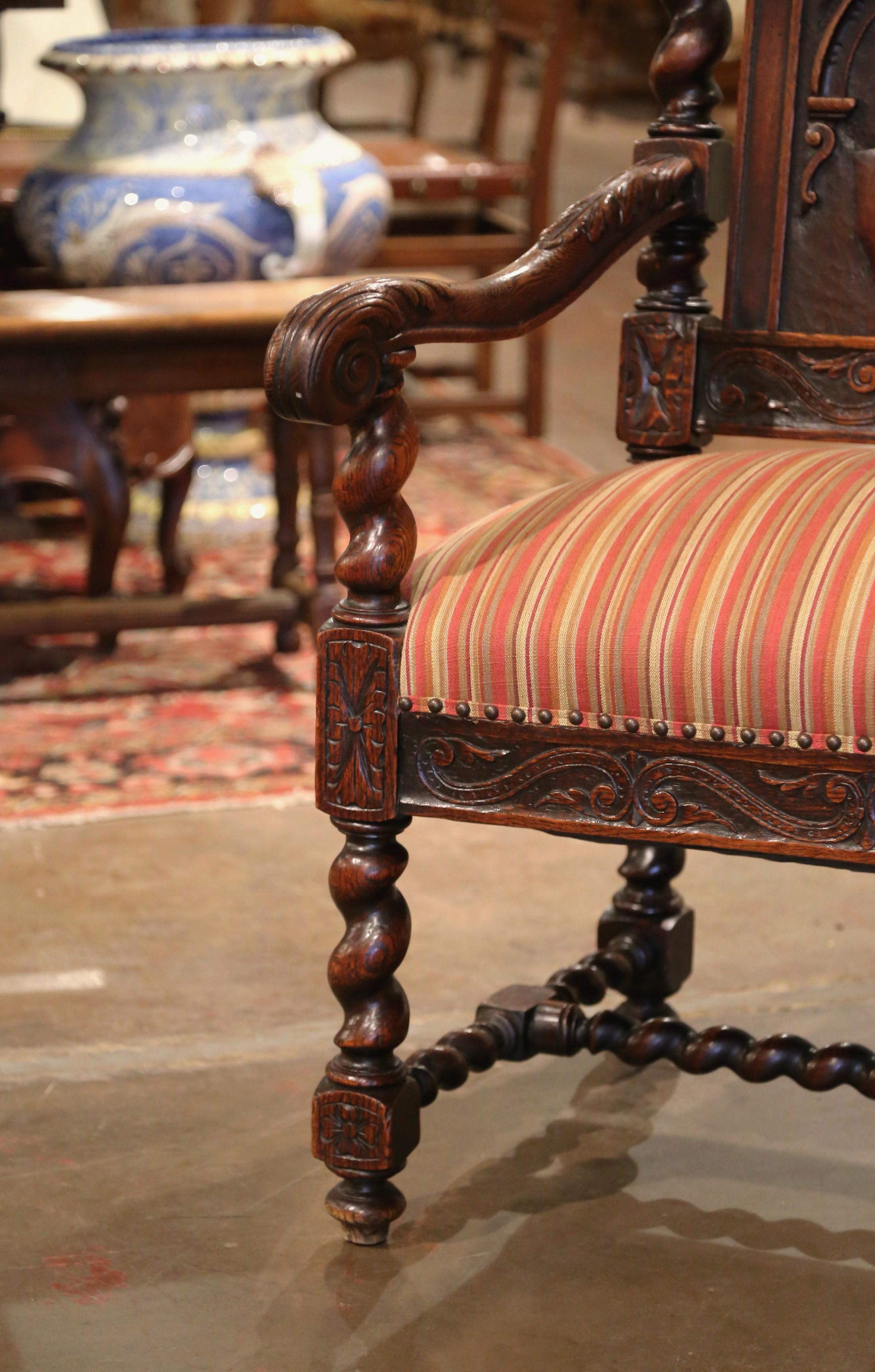 19th Century French Louis XIII Barley Twist Walnut Bench with Upholstered Seat For Sale 2