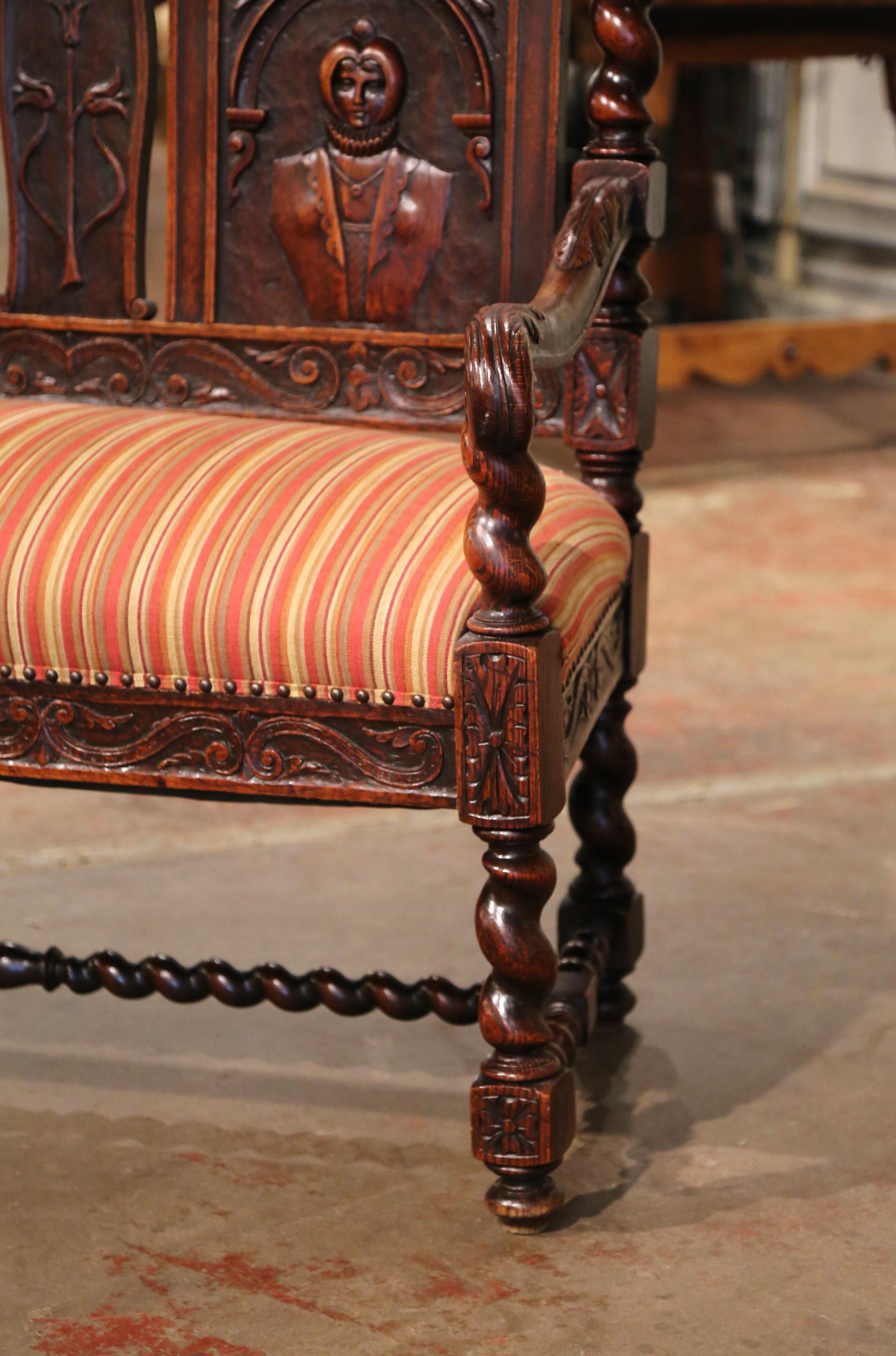 19th Century French Louis XIII Barley Twist Walnut Bench with Upholstered Seat For Sale 3