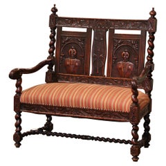 Banc Louis XIII du 19ème siècle en noyer torsadé avec assise tapissée