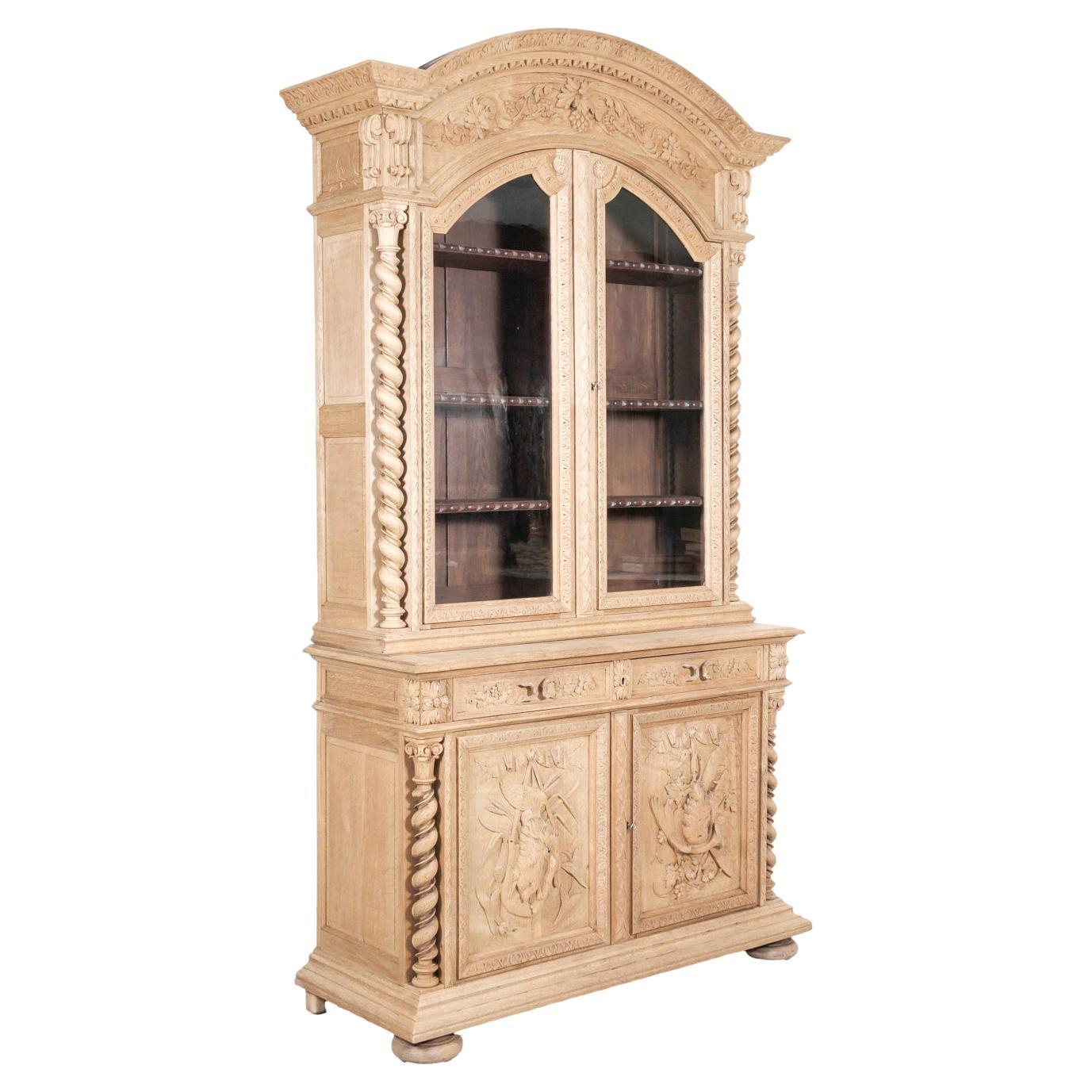 19th Century French Louis XIII Bleached Oak Hunting Buffet Deux Corps/Bookcase