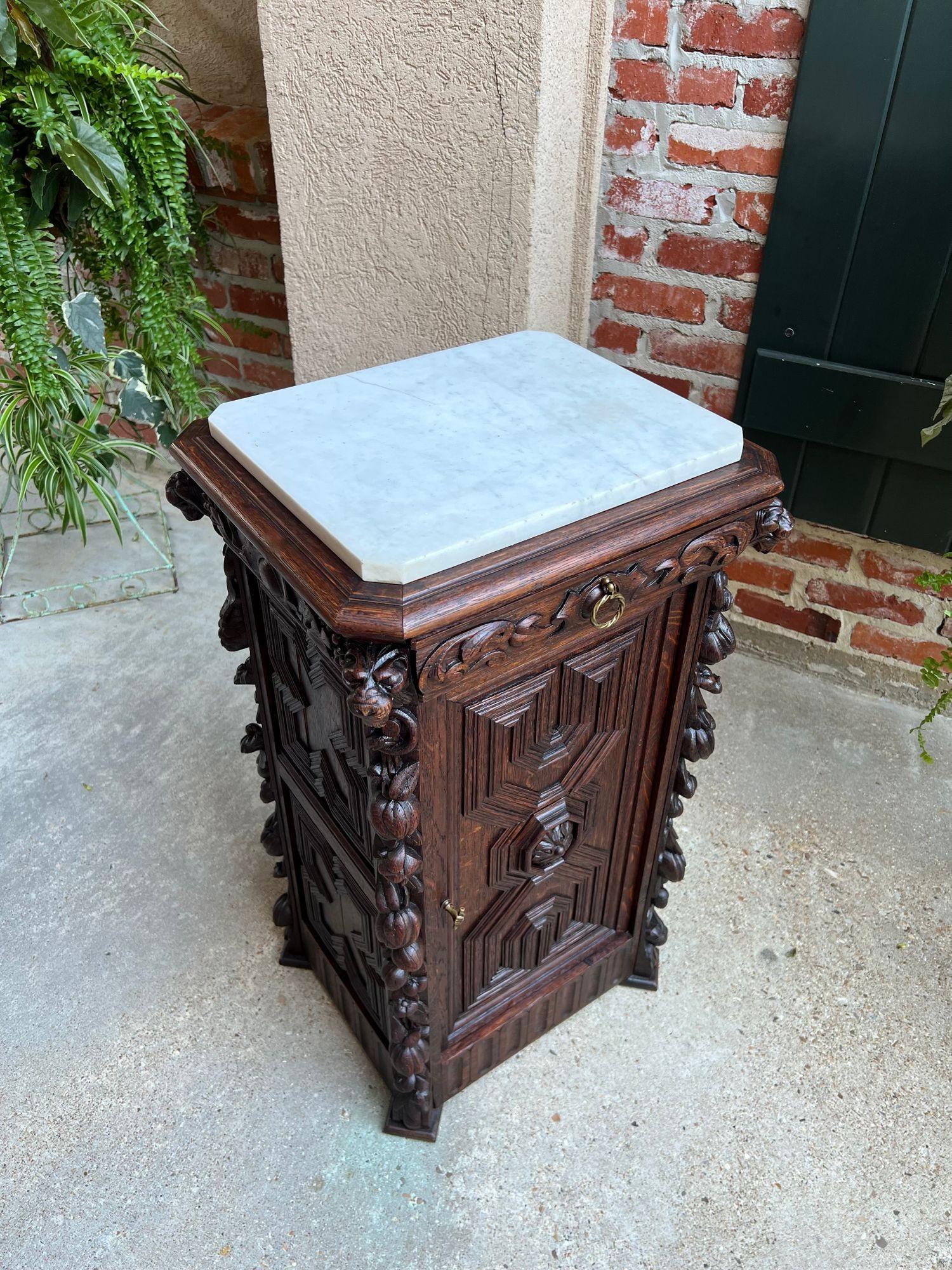 Antique French Louis XIII Cabinet Pedestal Table White Marble Carved Oak c1890 For Sale 5