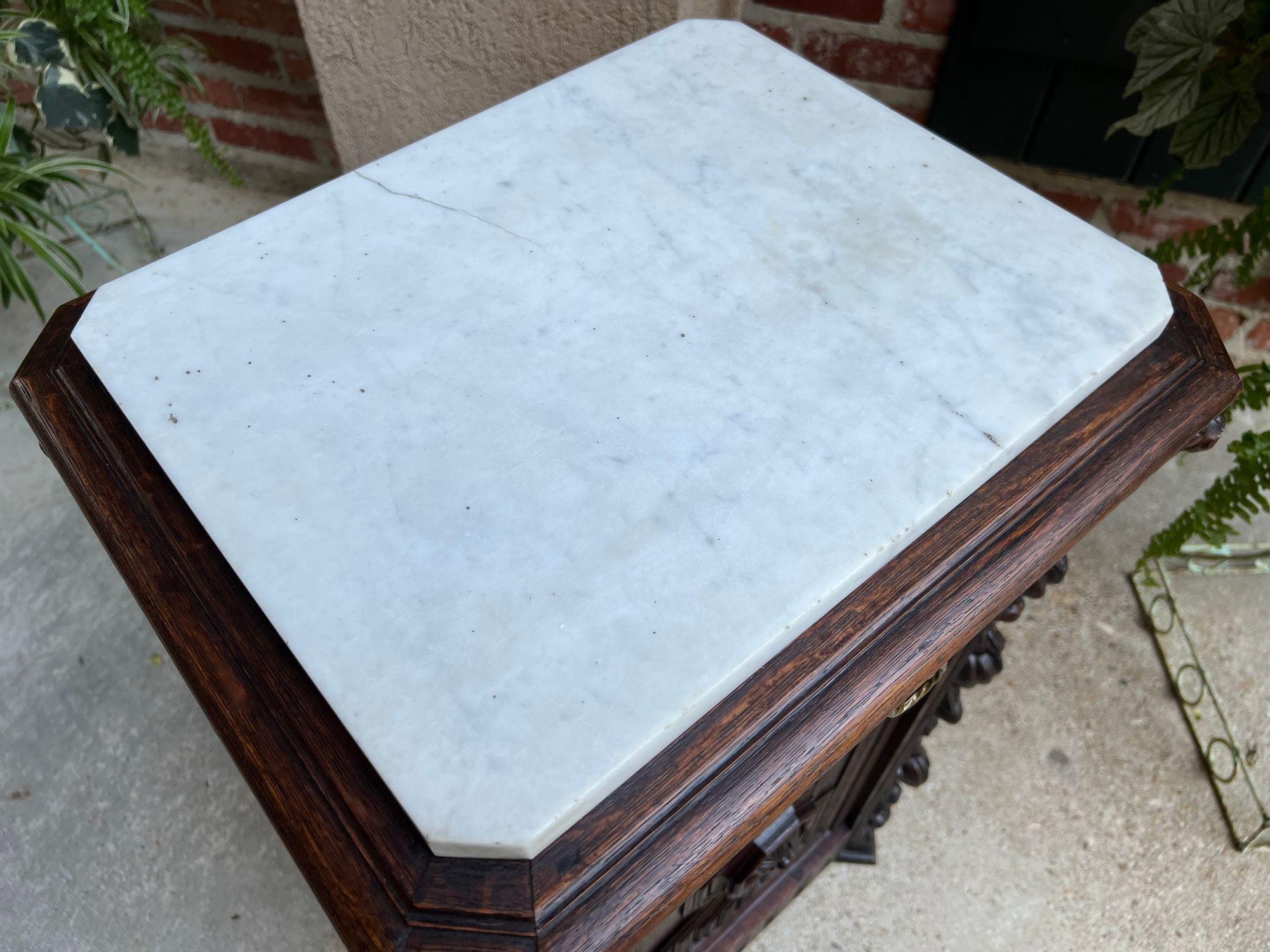 Antique French Louis XIII Cabinet Pedestal Table White Marble Carved Oak c1890 For Sale 6