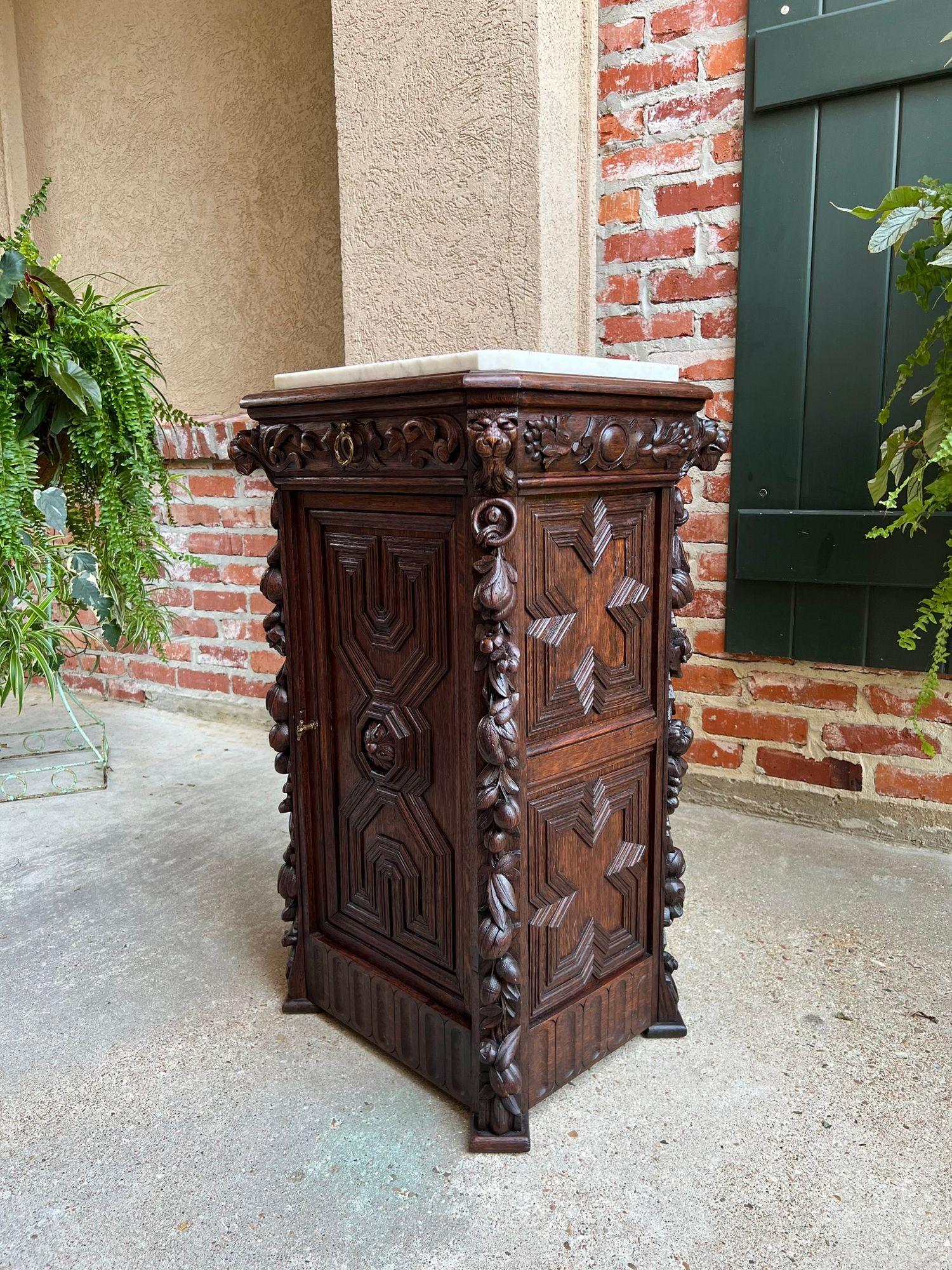 Antique French Louis XIII Cabinet Pedestal Table White Marble Carved Oak c1890 For Sale 9