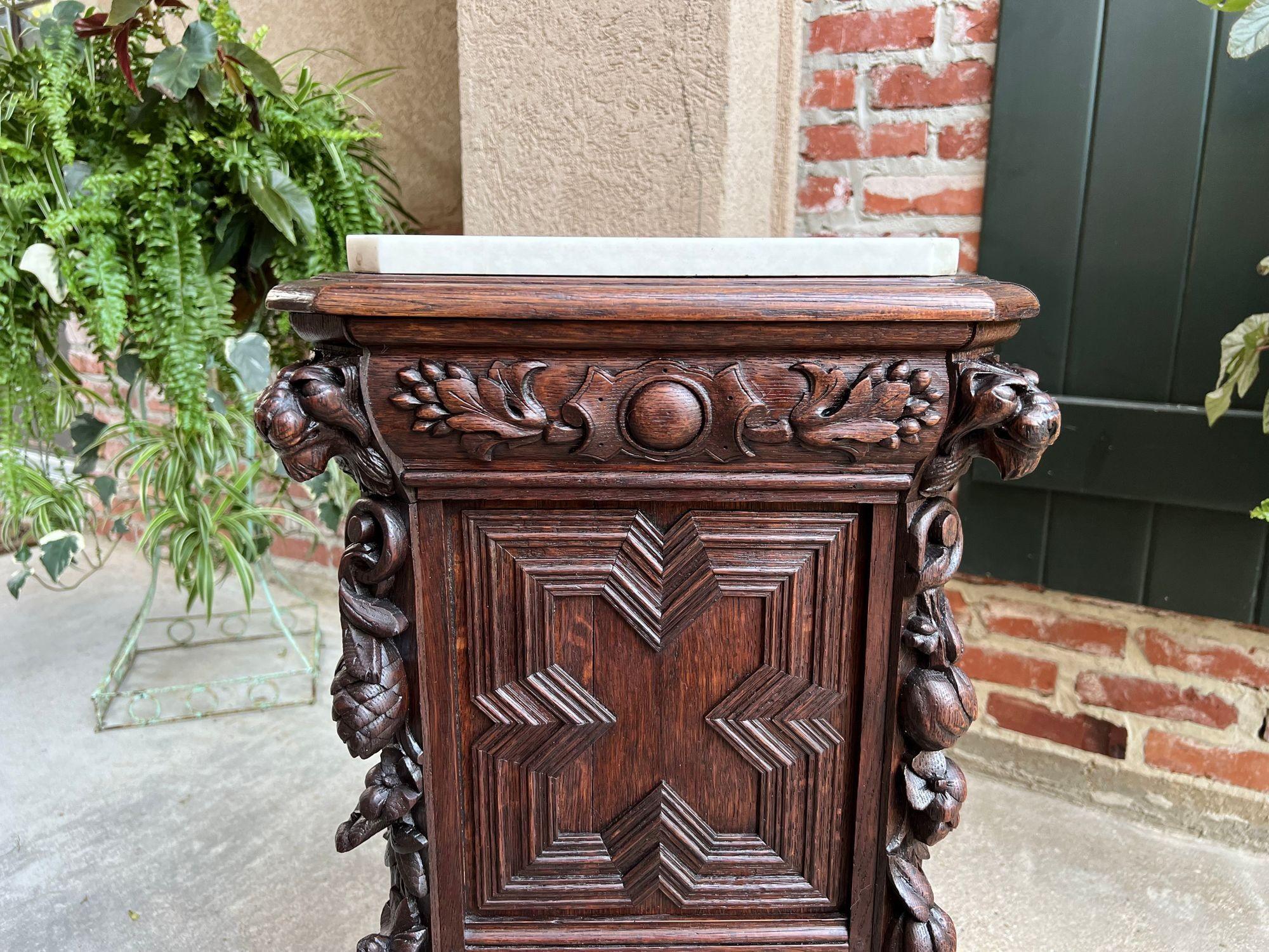 Antique French Louis XIII Cabinet Pedestal Table White Marble Carved Oak c1890 For Sale 13