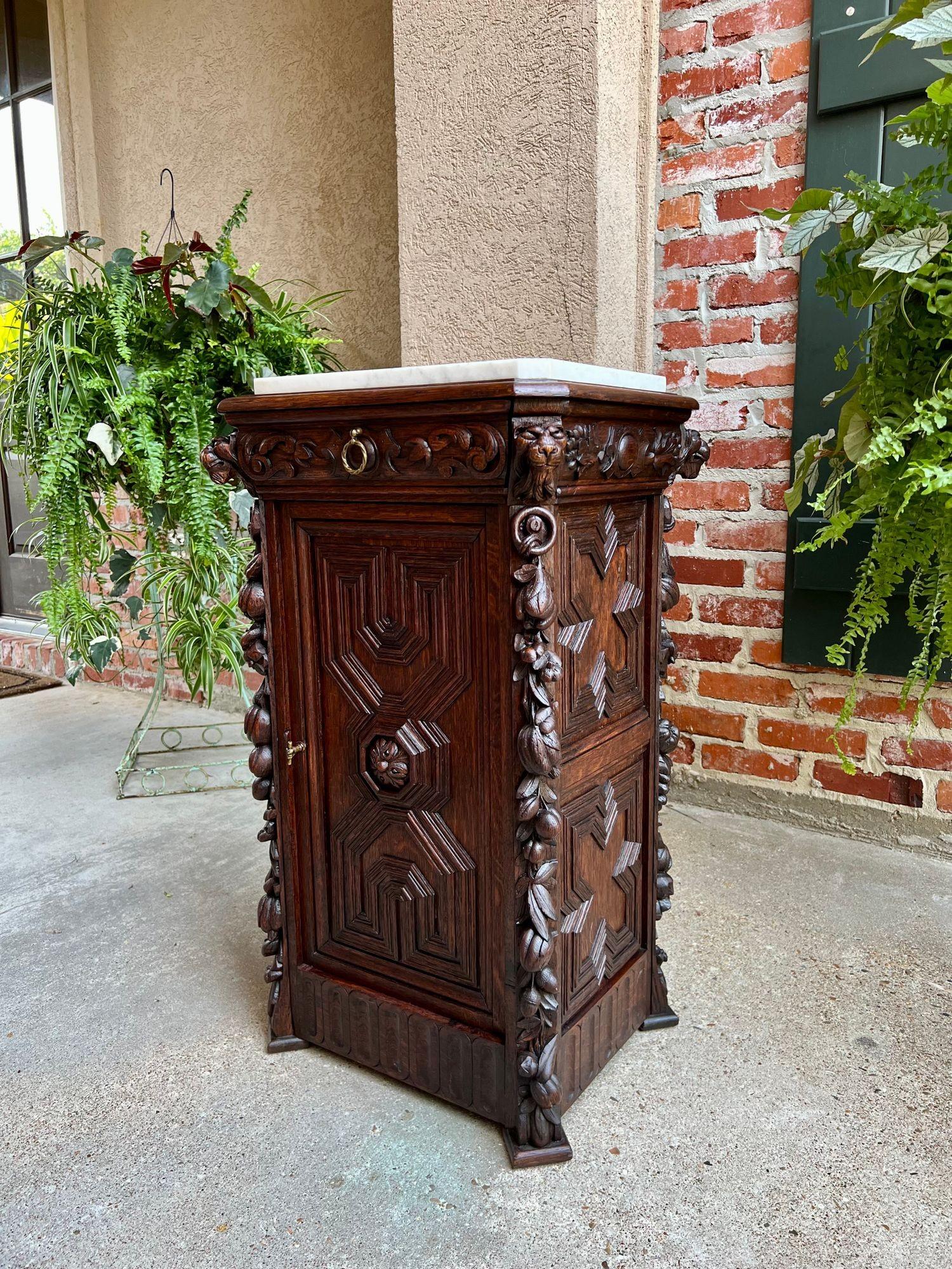 Antique French Louis XIII Cabinet Pedestal Table White Marble Carved Oak c1890 In Good Condition For Sale In Shreveport, LA