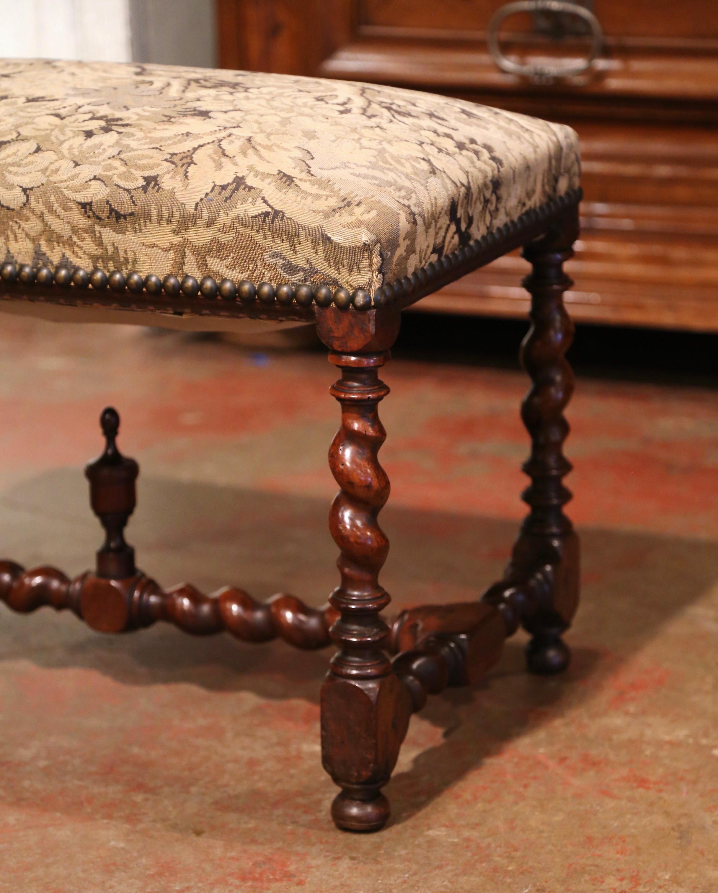 Hand-Carved 19th Century French Louis XIII Carved Barley Twist Walnut Bench with Needlepoint