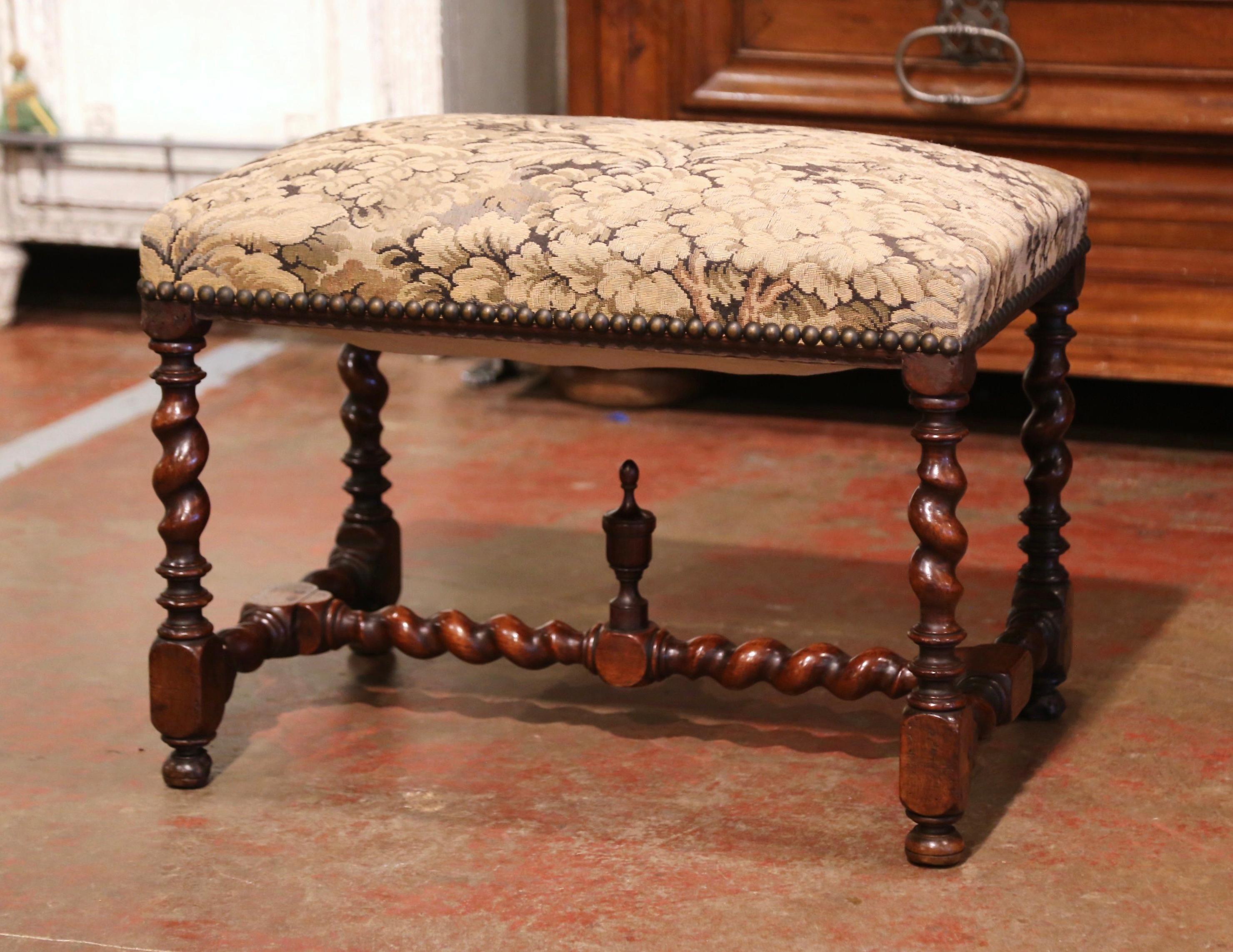 Fabric 19th Century French Louis XIII Carved Barley Twist Walnut Bench with Needlepoint