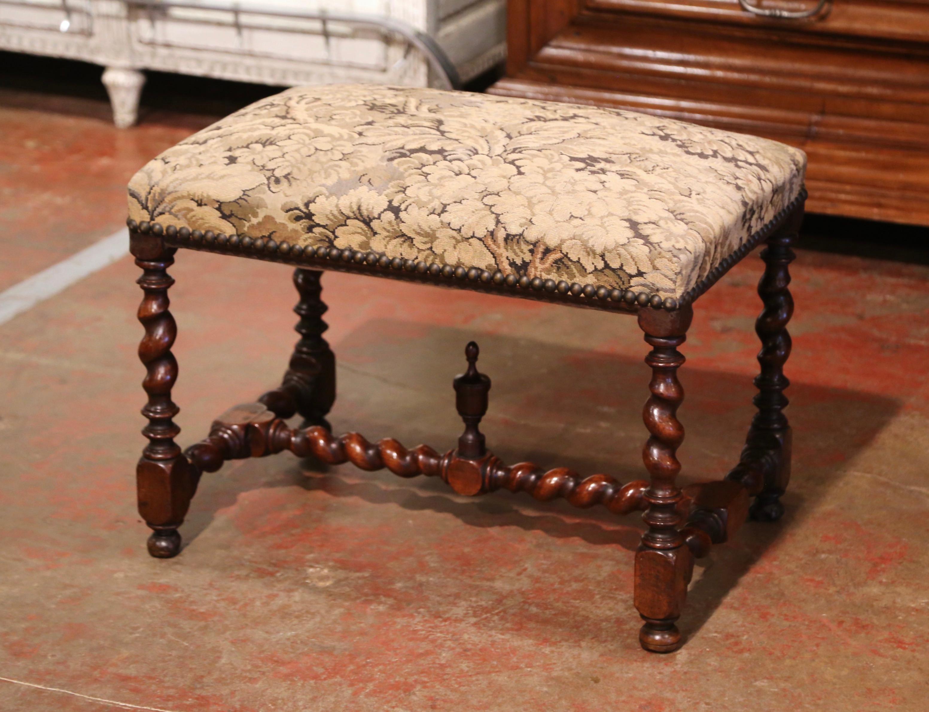 19th Century French Louis XIII Carved Barley Twist Walnut Bench with Needlepoint 1