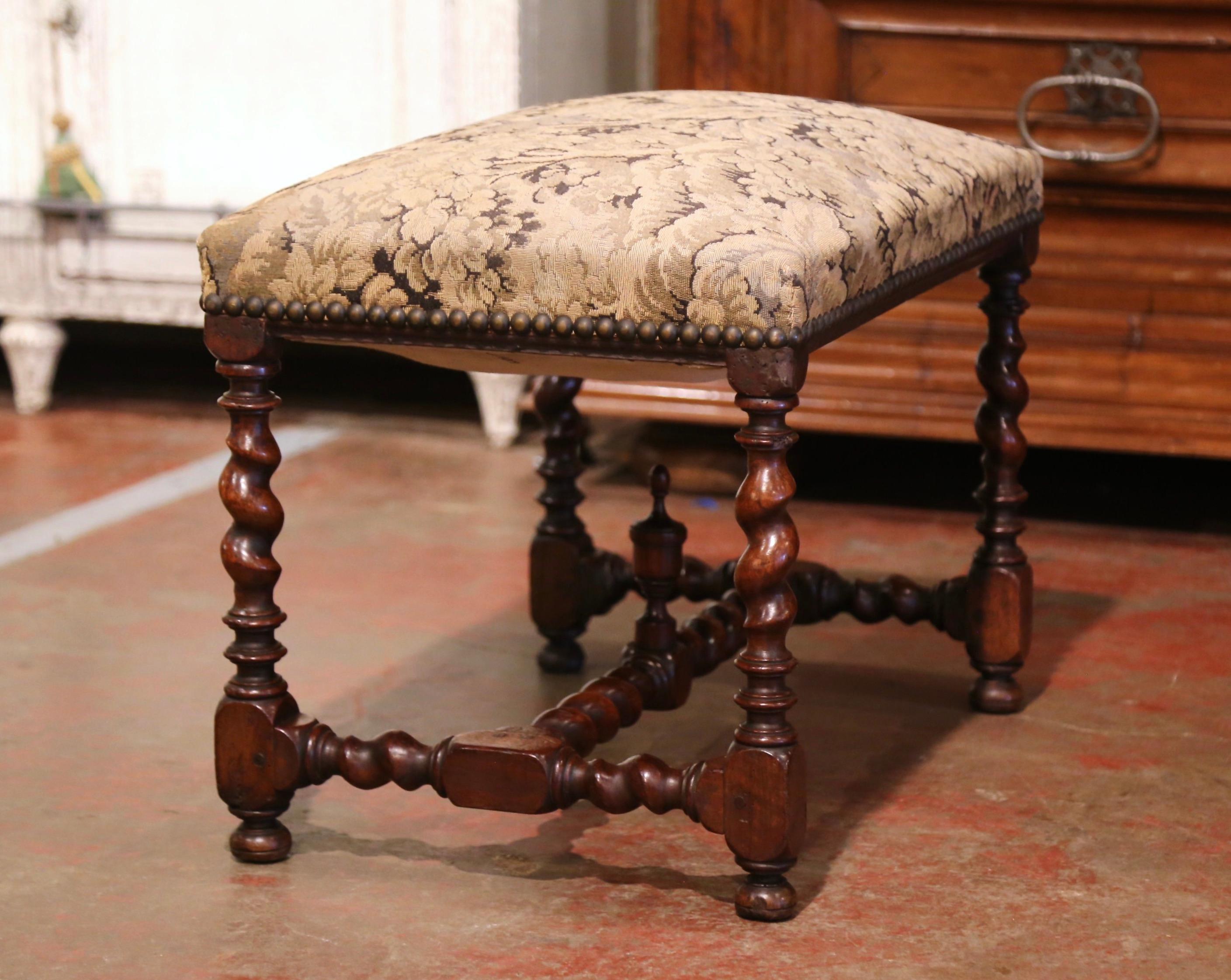 19th Century French Louis XIII Carved Barley Twist Walnut Bench with Needlepoint 3