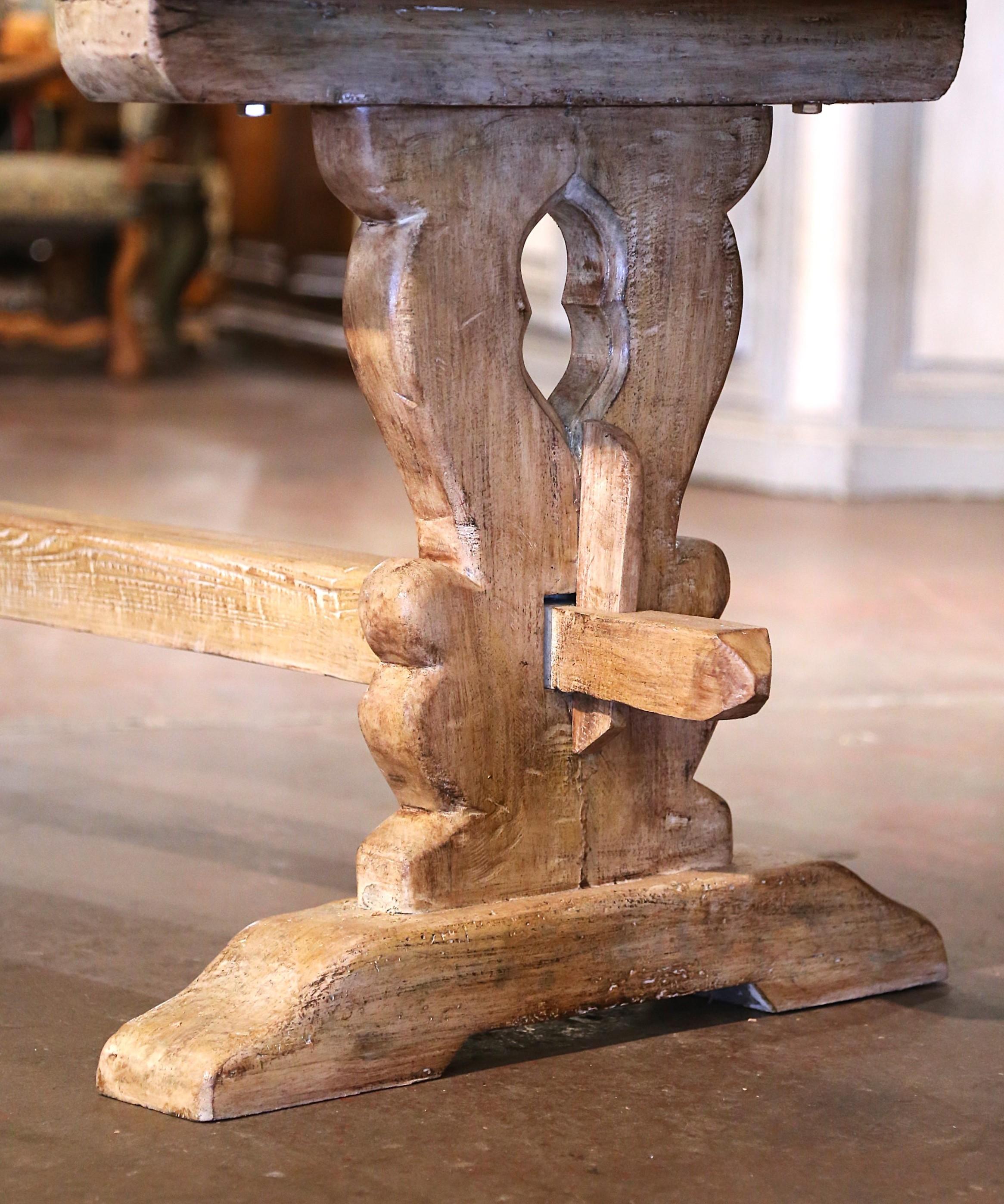 19th Century French Louis XIII Carved Bleached Oak Refectory Farm Dining Table In Excellent Condition In Dallas, TX
