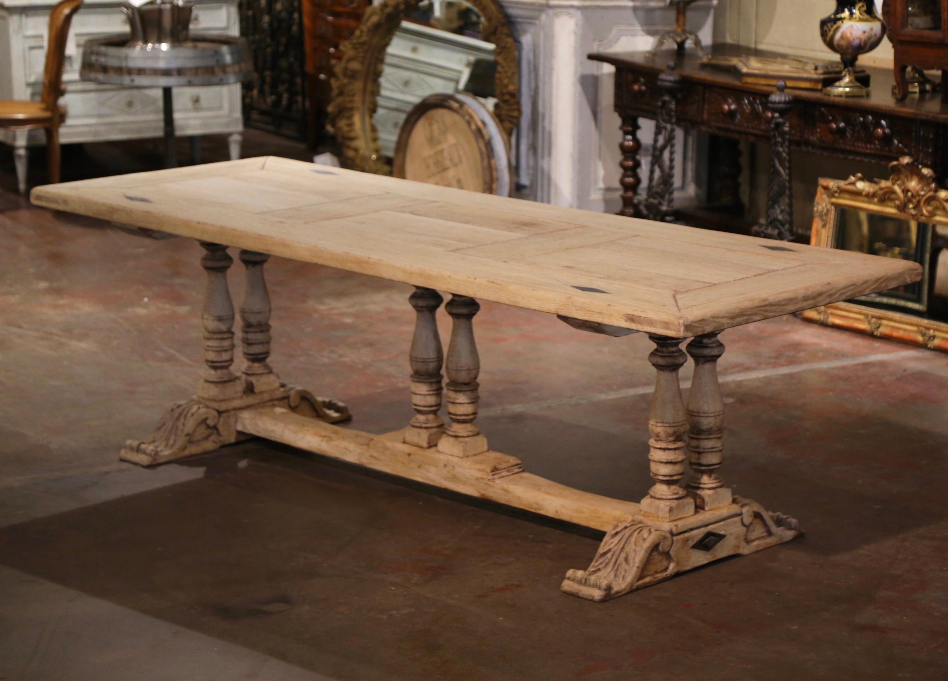 19th Century French Louis XIII Carved Bleached Oak Triple-Pedestal Dining Table  3