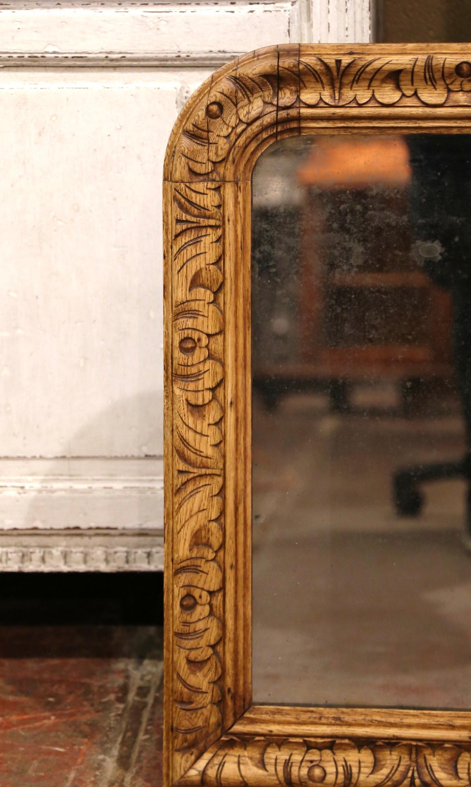 19th Century French Louis XIII Carved Bleached Oak Wall Mirror In Excellent Condition In Dallas, TX