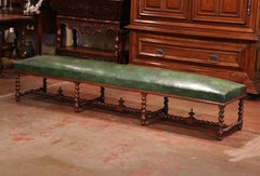 19th Century French Carved Walnut and Leather Eight-Leg Barley Twist Bench