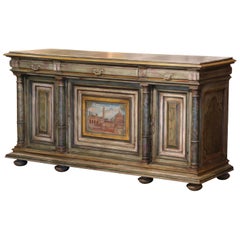 Buffet à trois portes Louis XIII du 19ème siècle français sculpté et peint en faux marbre