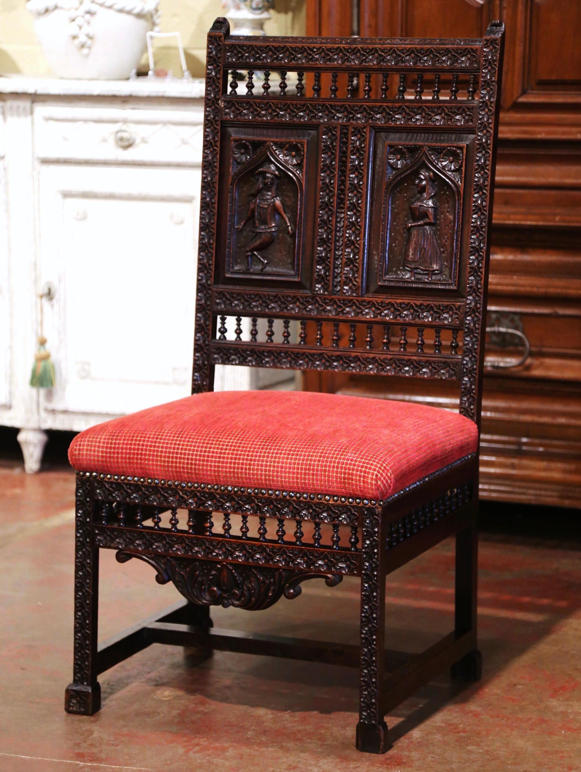 Chaise d'appoint Louis XIII française du XIXe siècle en chêne sculpté et velours de Bretagne Excellent état - En vente à Dallas, TX