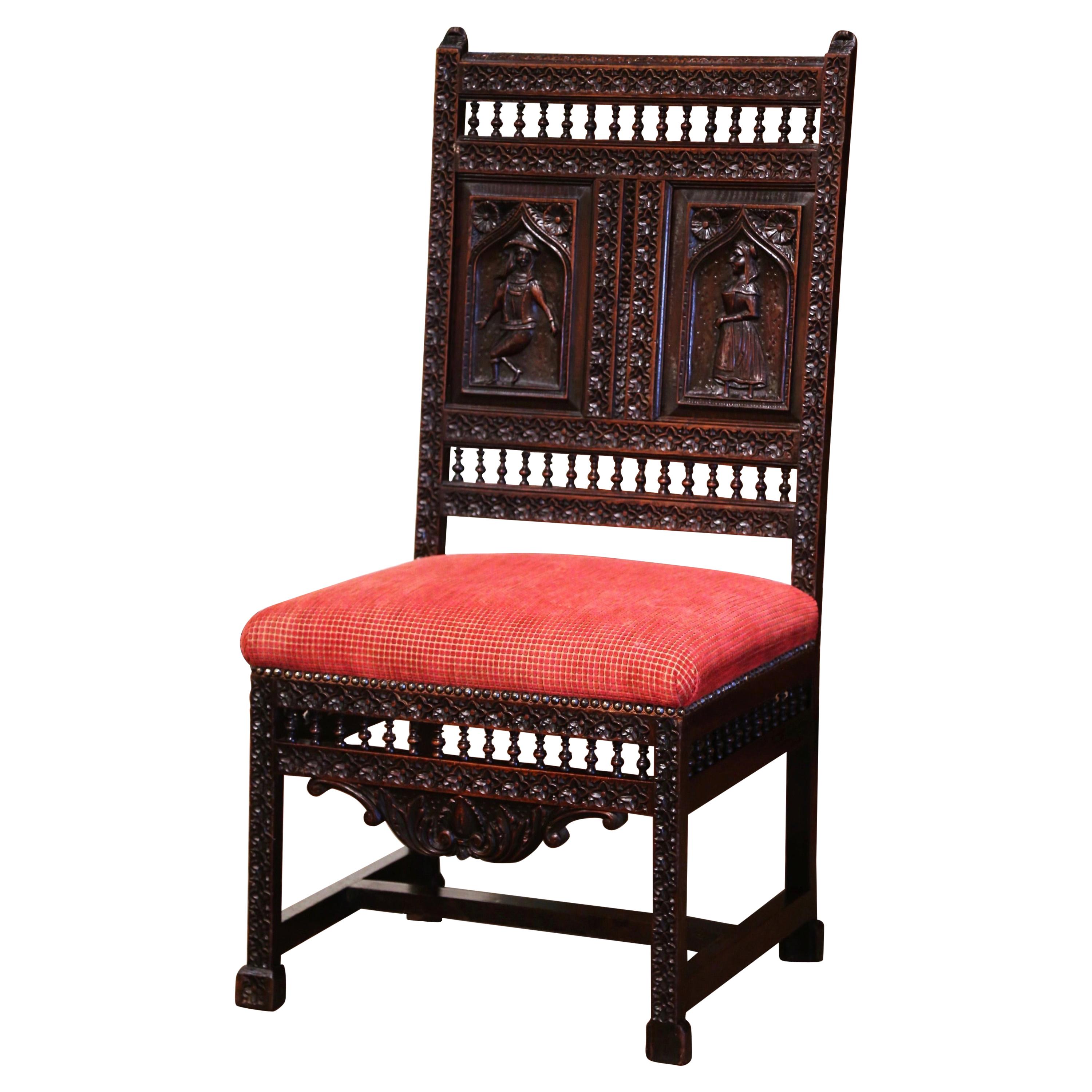 Chaise d'appoint Louis XIII française du XIXe siècle en chêne sculpté et velours de Bretagne en vente