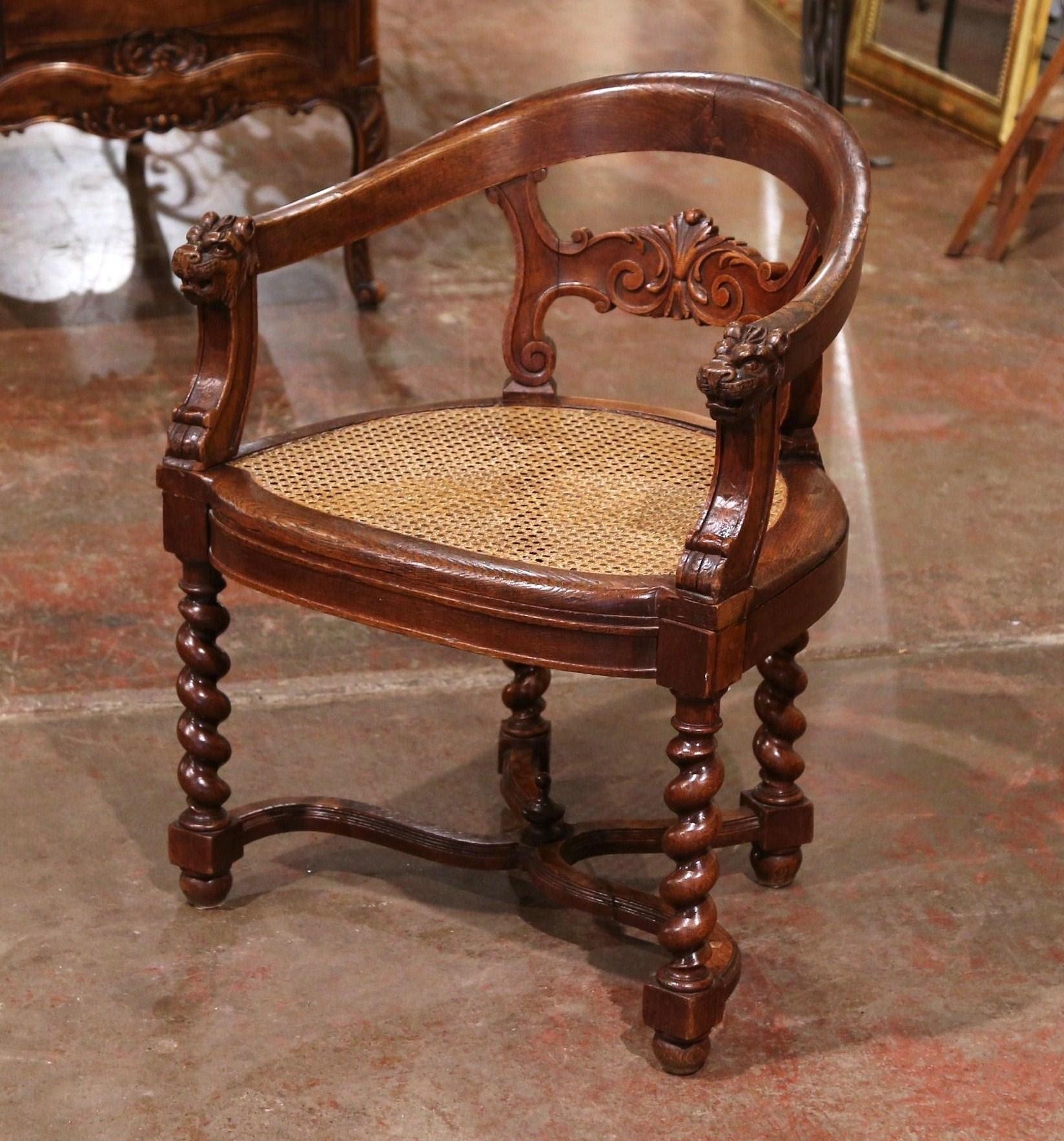Hand-Carved 19th Century French Louis XIII Carved Oak Barley Twist and Caning Desk Armchair For Sale