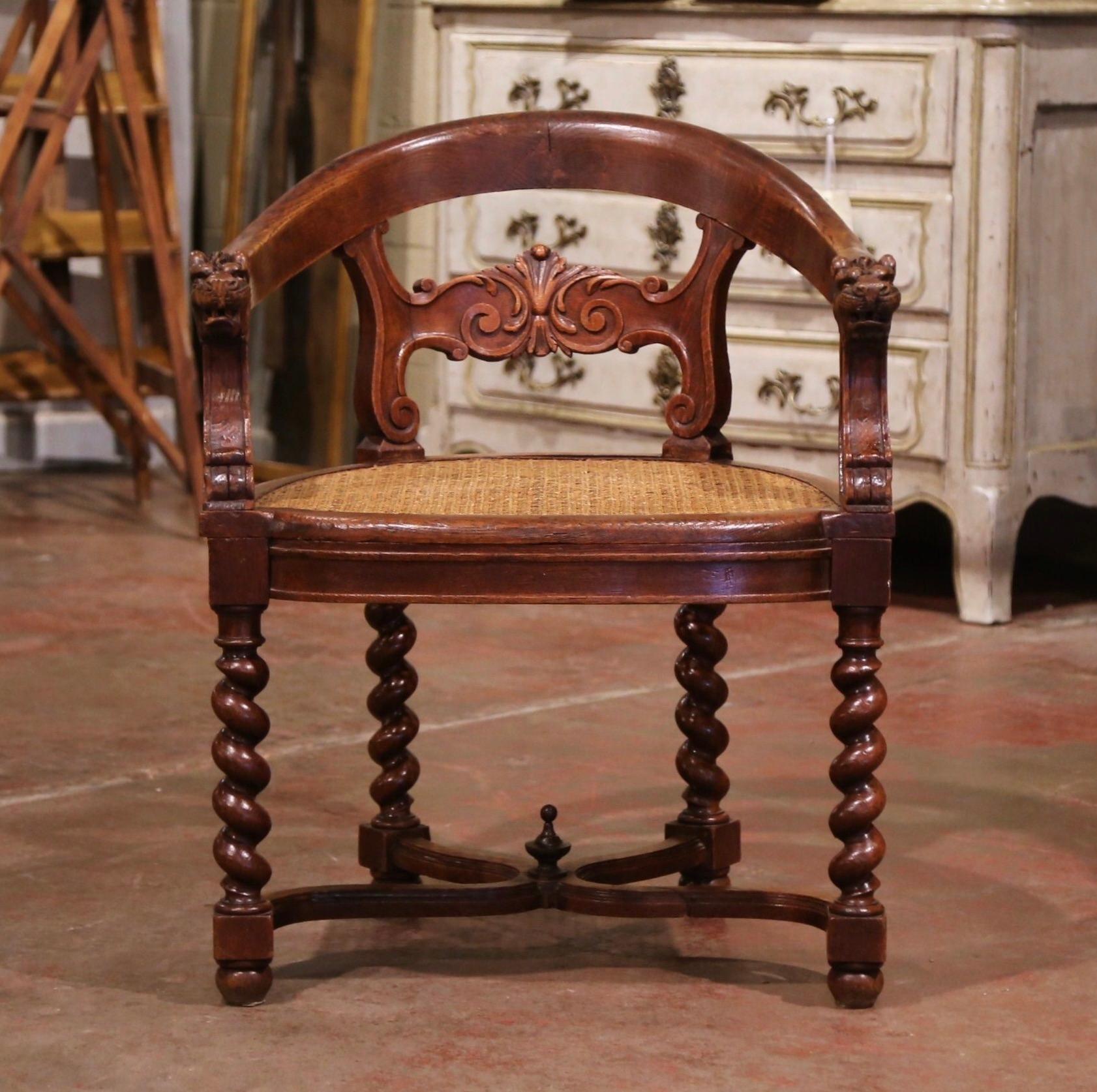 19th Century French Louis XIII Carved Oak Barley Twist and Caning Desk Armchair In Excellent Condition For Sale In Dallas, TX