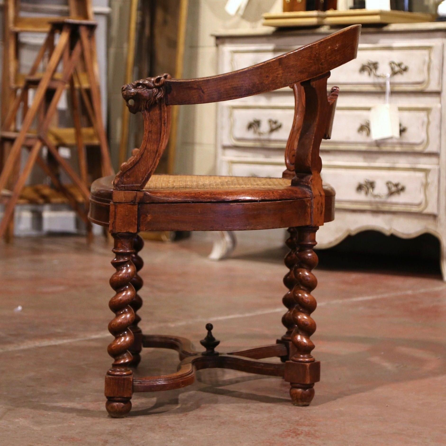 19th Century French Louis XIII Carved Oak Barley Twist and Caning Desk Armchair For Sale 1