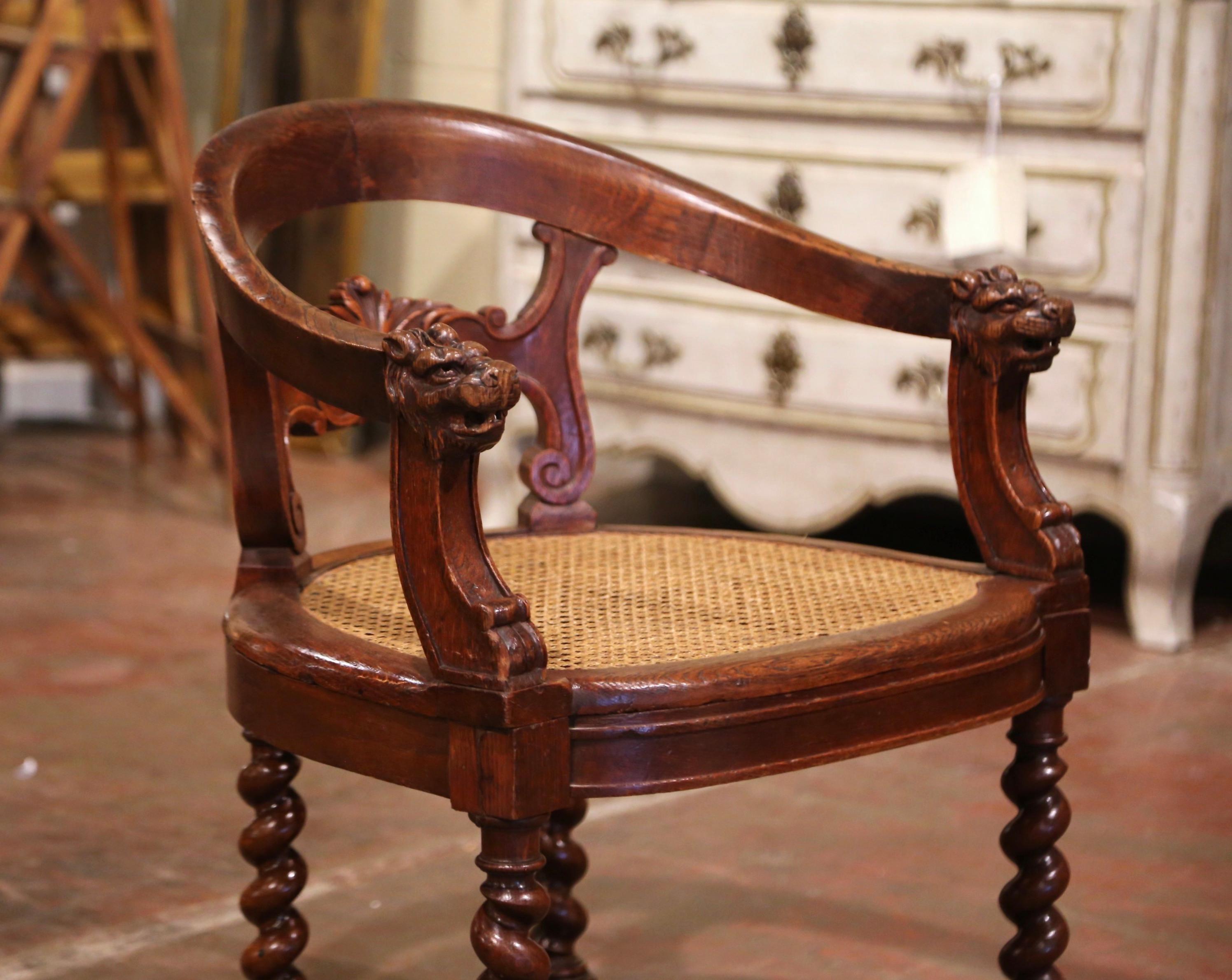 19th Century French Louis XIII Carved Oak Barley Twist and Caning Desk Armchair For Sale 2