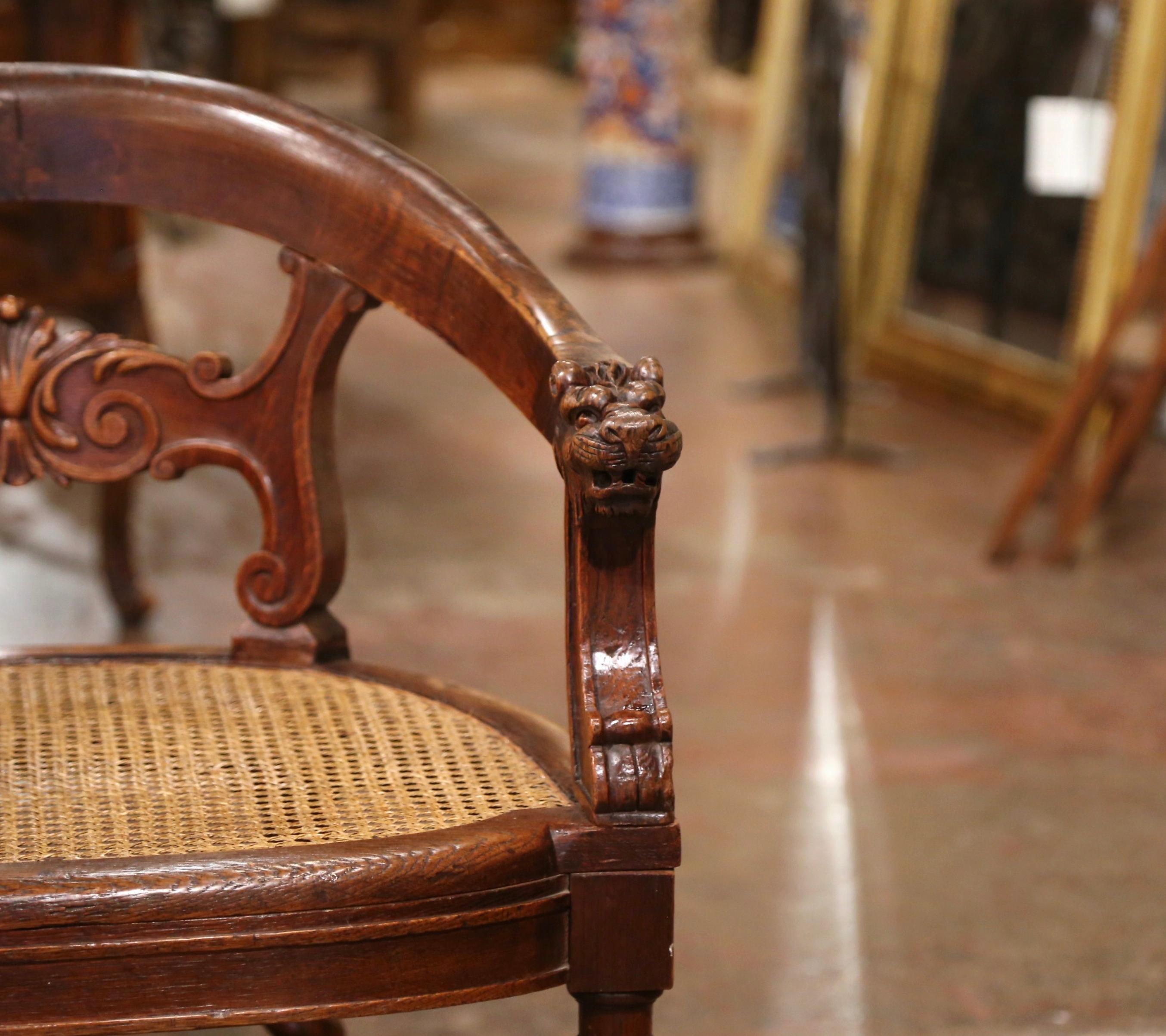 19th Century French Louis XIII Carved Oak Barley Twist and Caning Desk Armchair For Sale 3