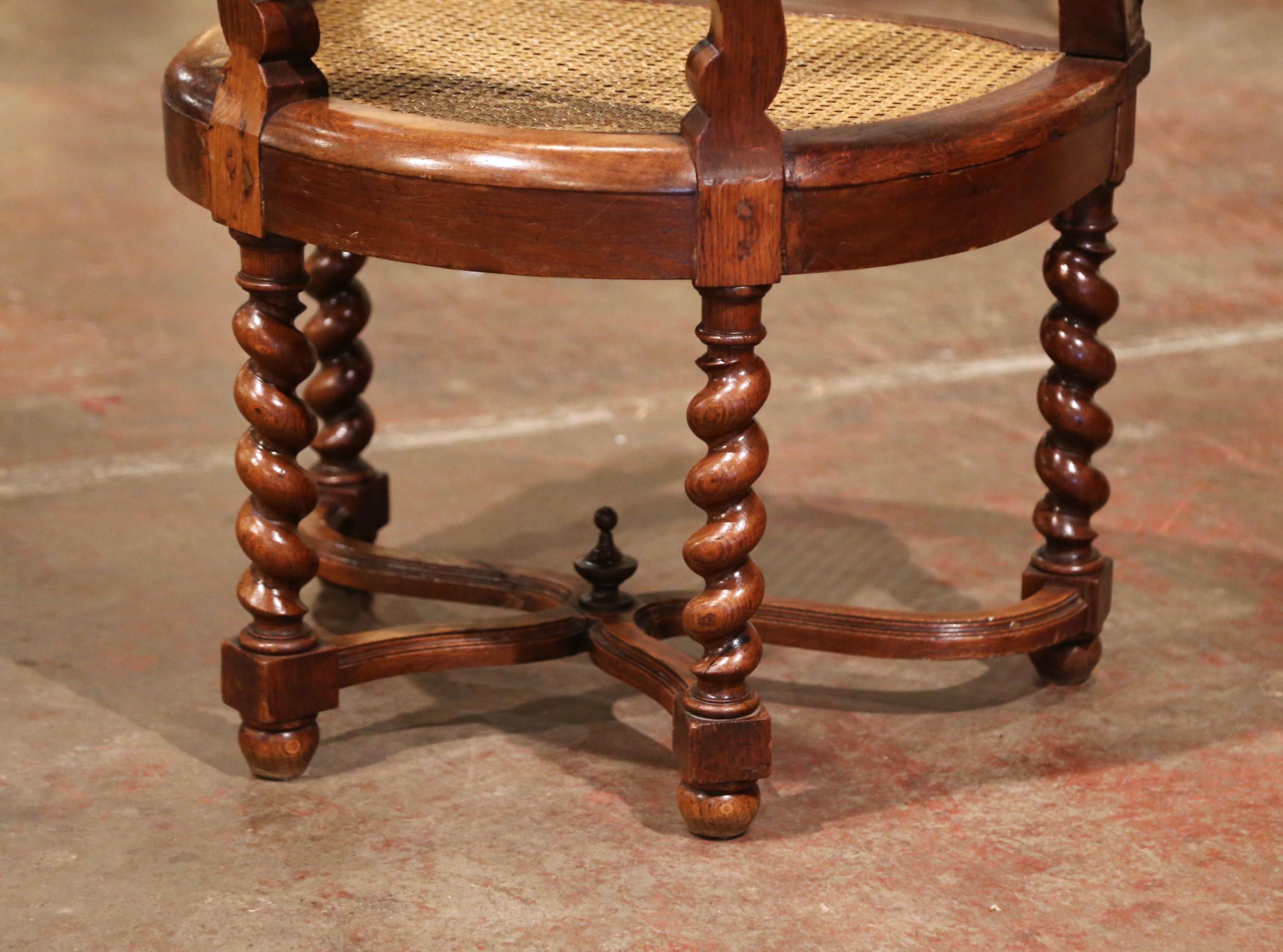 19th Century French Louis XIII Carved Oak Barley Twist and Caning Desk Armchair For Sale 5