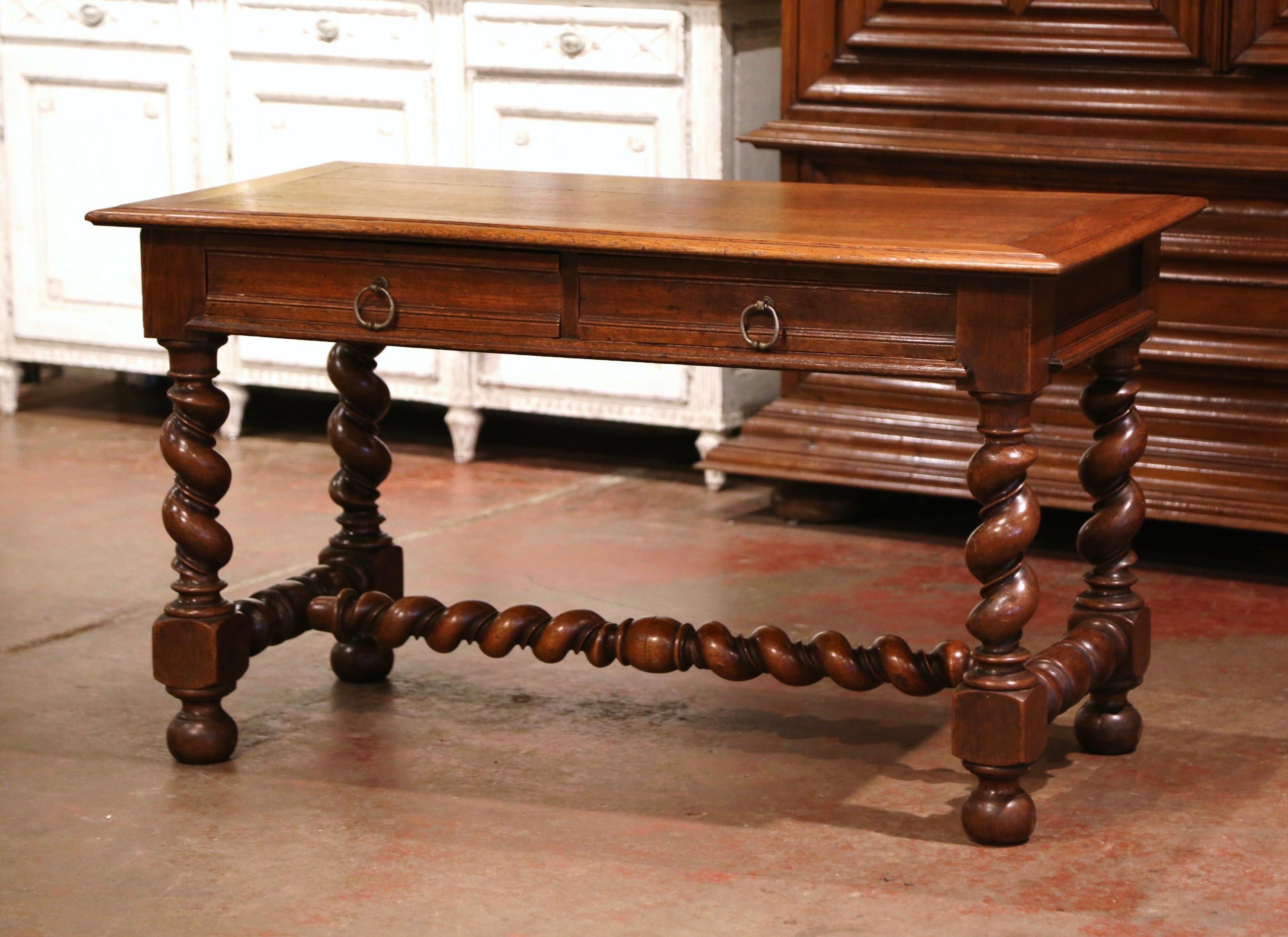 Hand-Carved 19th Century French Louis XIII Carved Oak Barley Twist Table Desk
