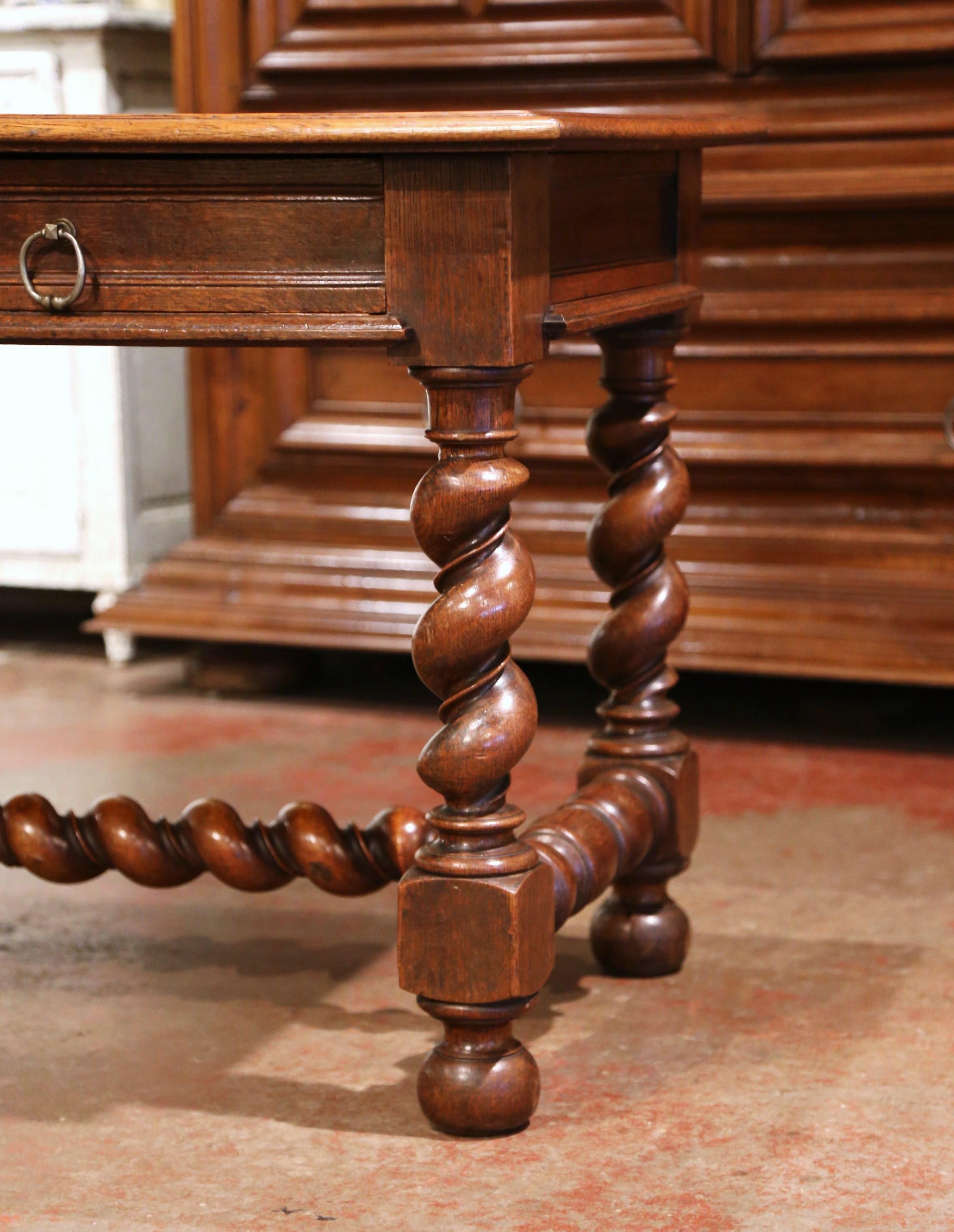 19th Century French Louis XIII Carved Oak Barley Twist Table Desk In Excellent Condition In Dallas, TX