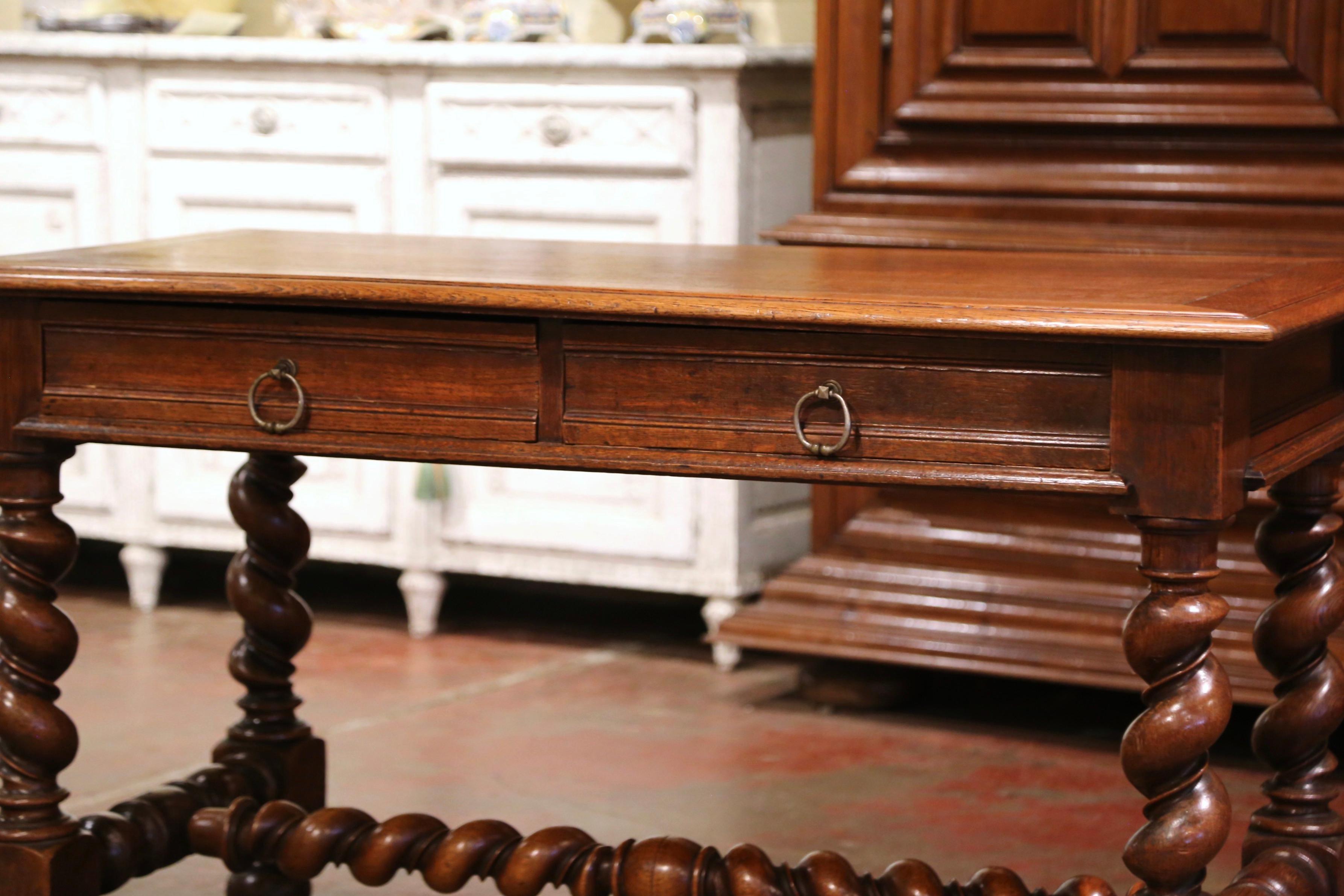 19th Century French Louis XIII Carved Oak Barley Twist Table Desk 1