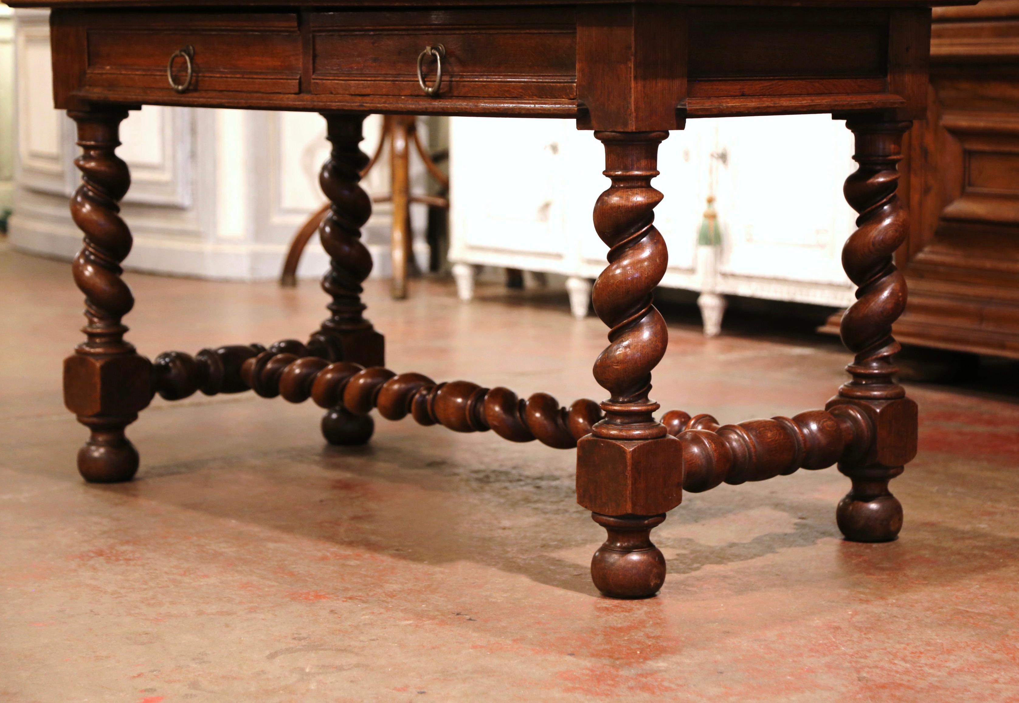 19th Century French Louis XIII Carved Oak Barley Twist Table Desk 4