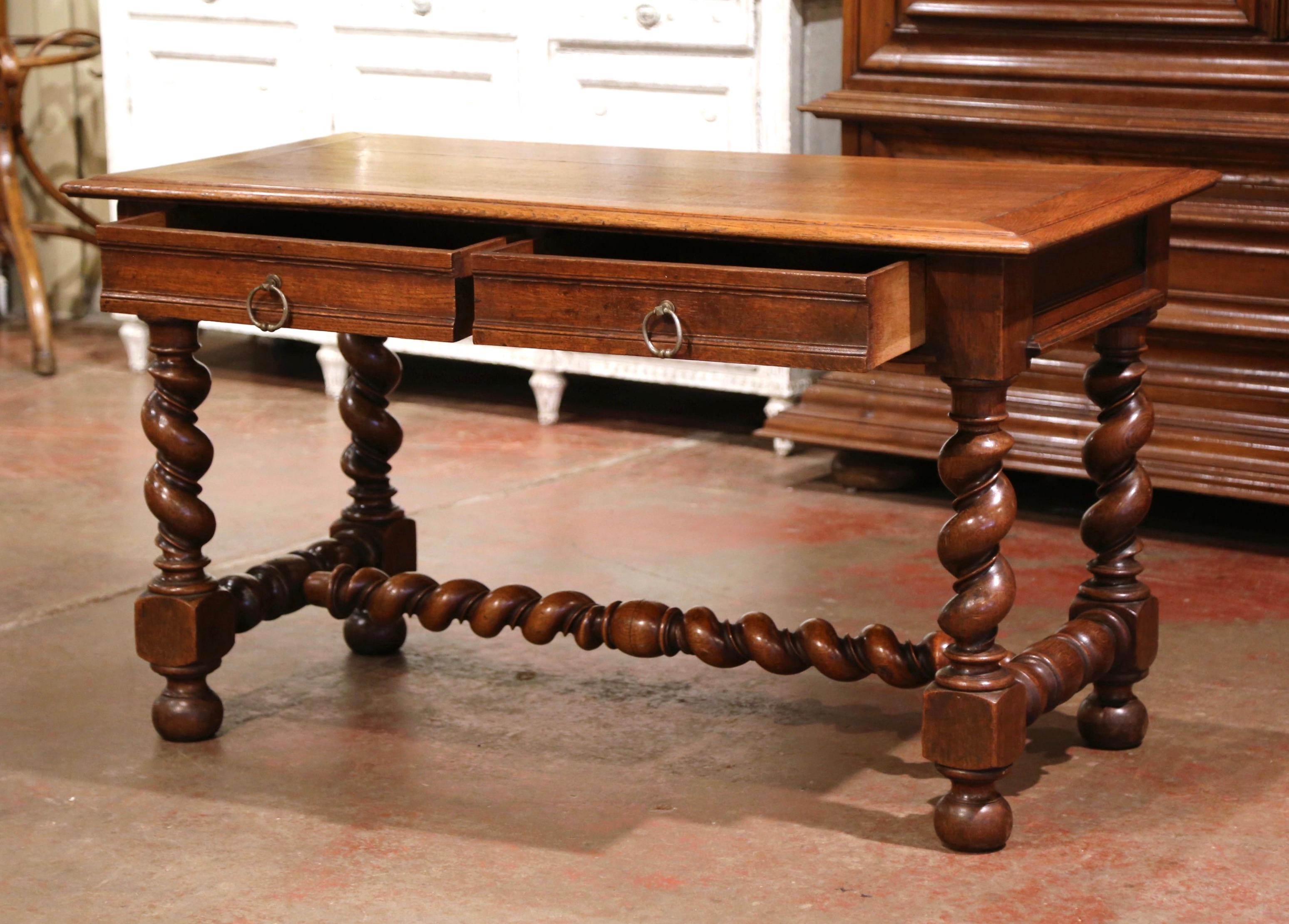 19th Century French Louis XIII Carved Oak Barley Twist Table Desk 5