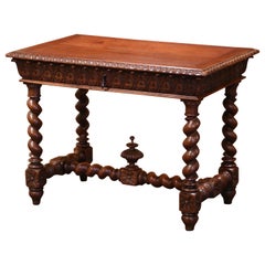 19th Century French Louis XIII Carved Oak Barley Twist Table Desk